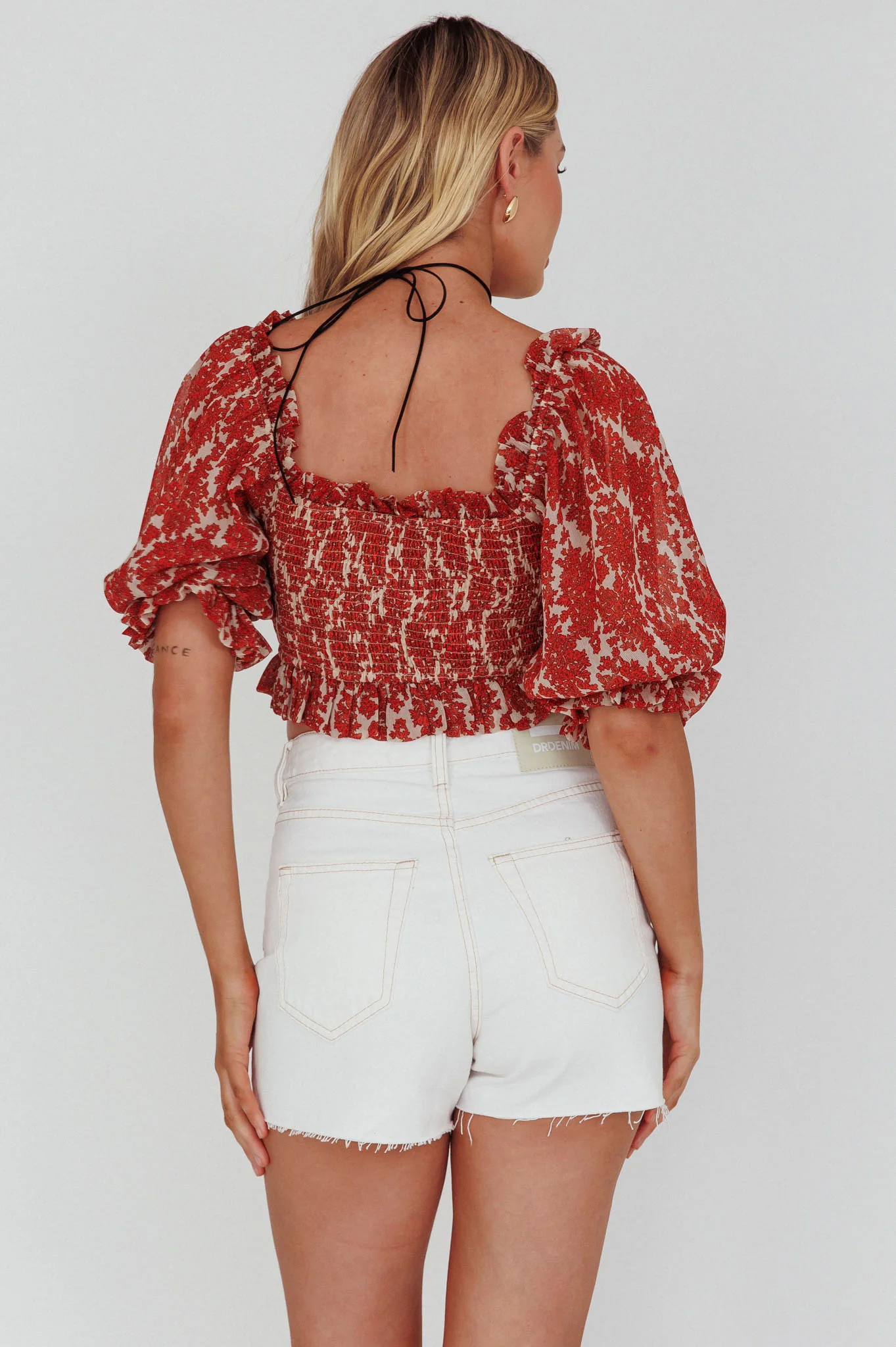 Meet Cute Shirred Bust Off-Shoulder Crop Top Floral Beige - Image 2