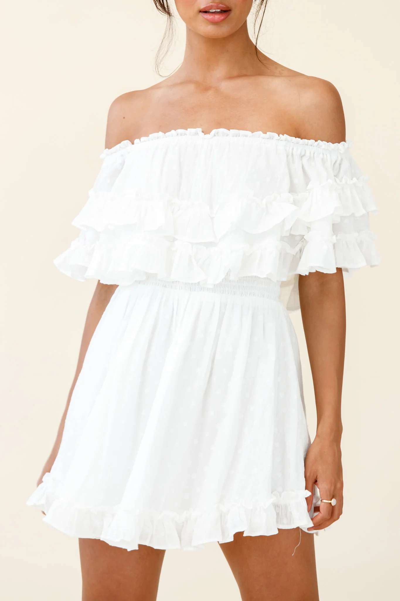 Meet Me At Sunset Bardot Neckline Frill Trim Dress Spotty White - Image 5