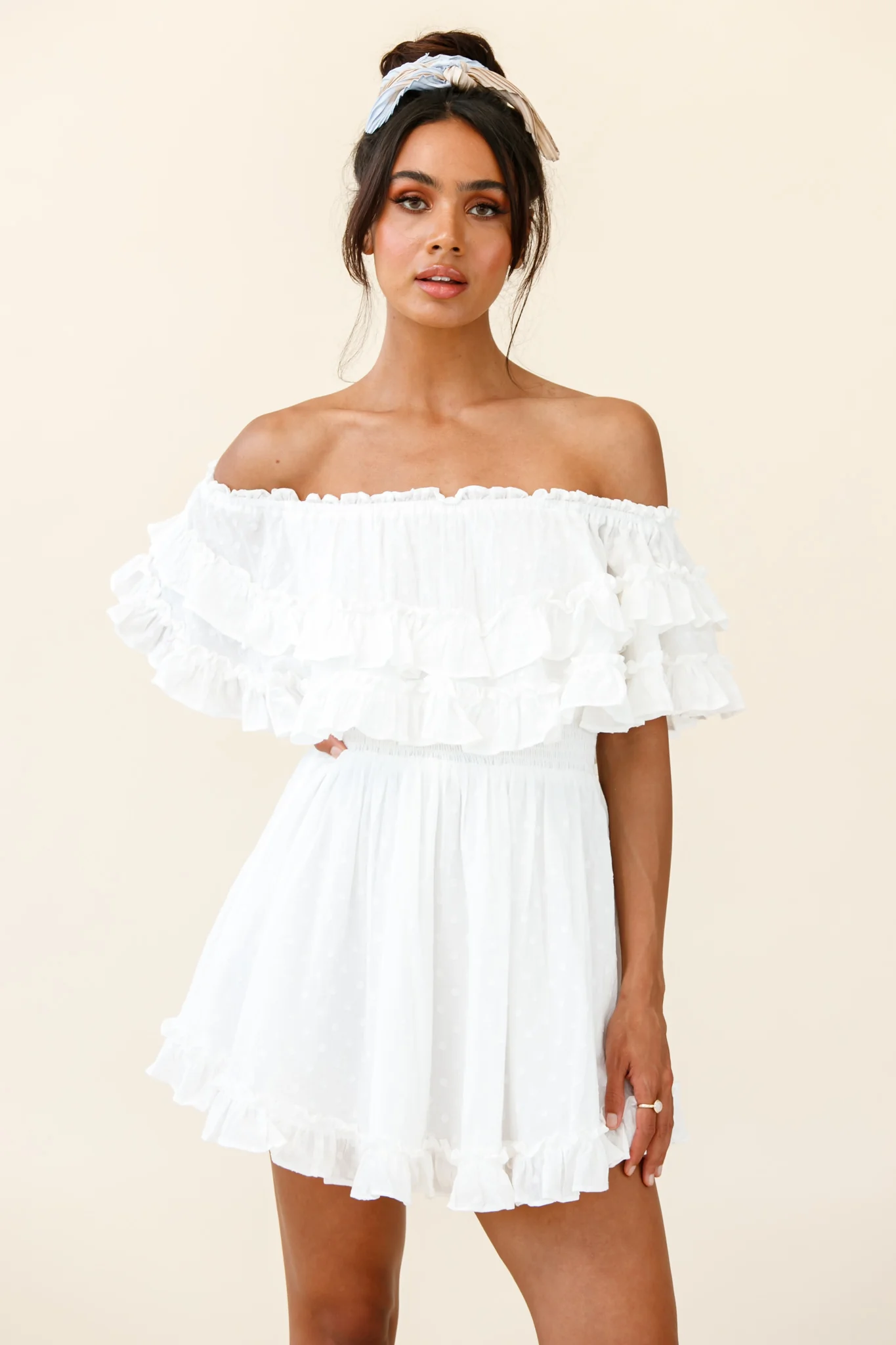 Meet Me At Sunset Bardot Neckline Frill Trim Dress Spotty White - Image 6