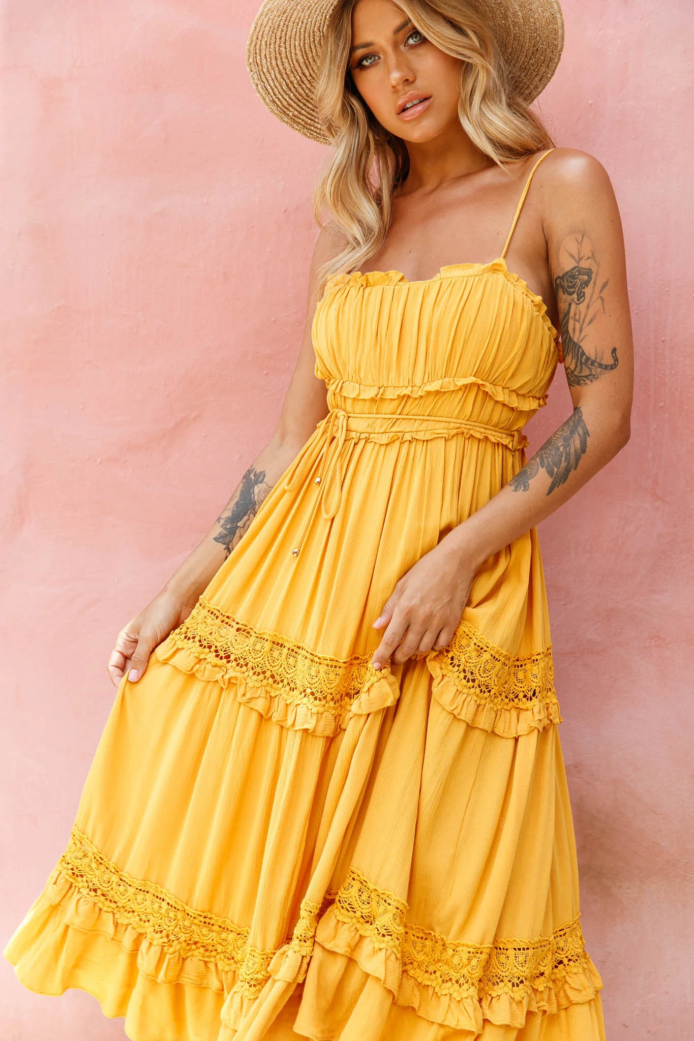 Meet You There Crochet & Frill Trim Detail Midi Dress Mustard - Image 6