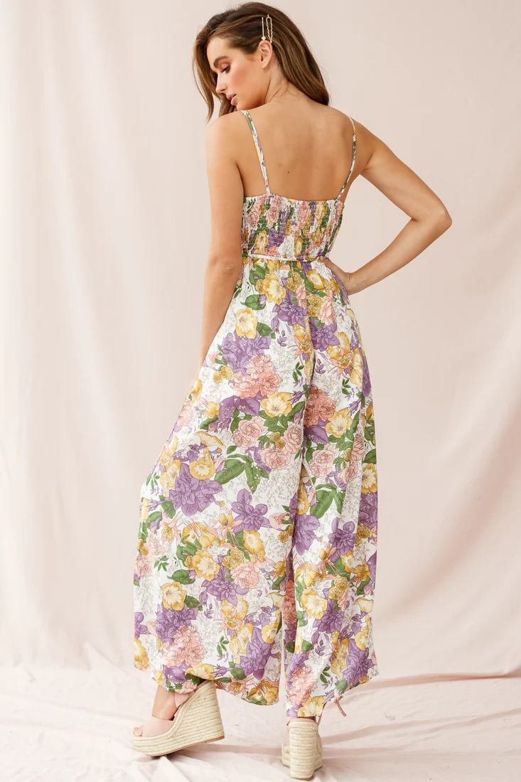 Melita Ruffle V-Neckline Jumpsuit Purple Print - Image 3