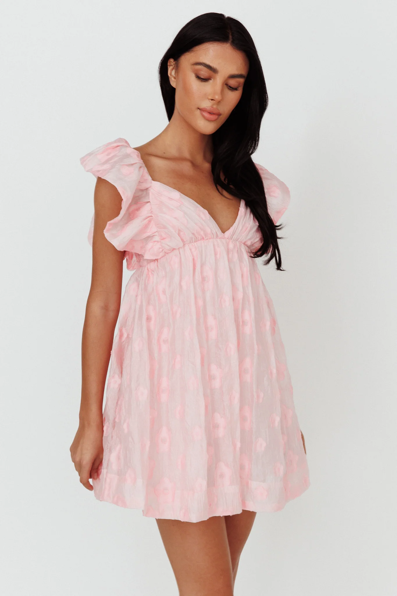 Melrose Place Floral Textured Frill Dress Pink - Image 3