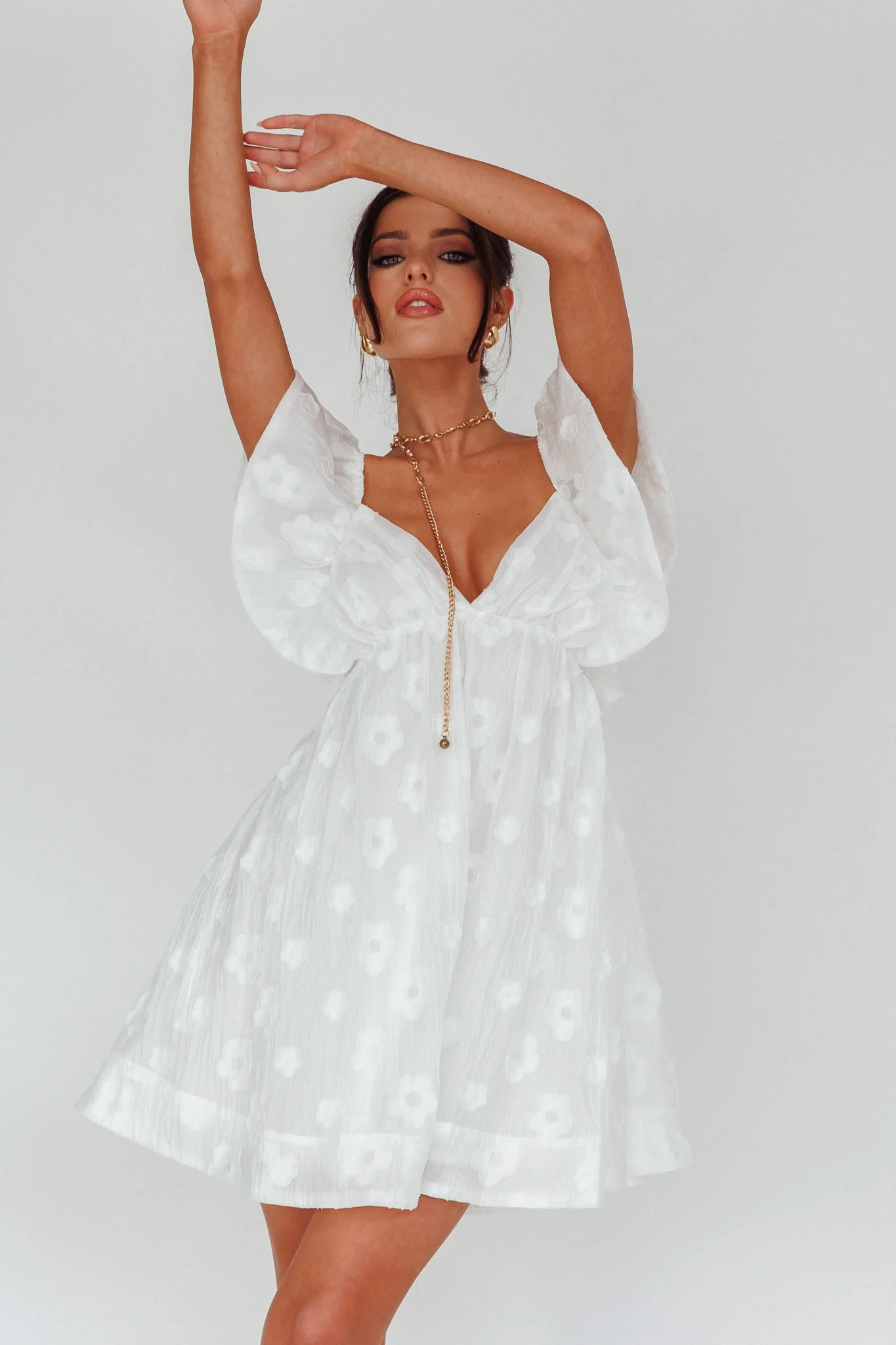 Melrose Place Floral Textured Frill Dress White - Image 5