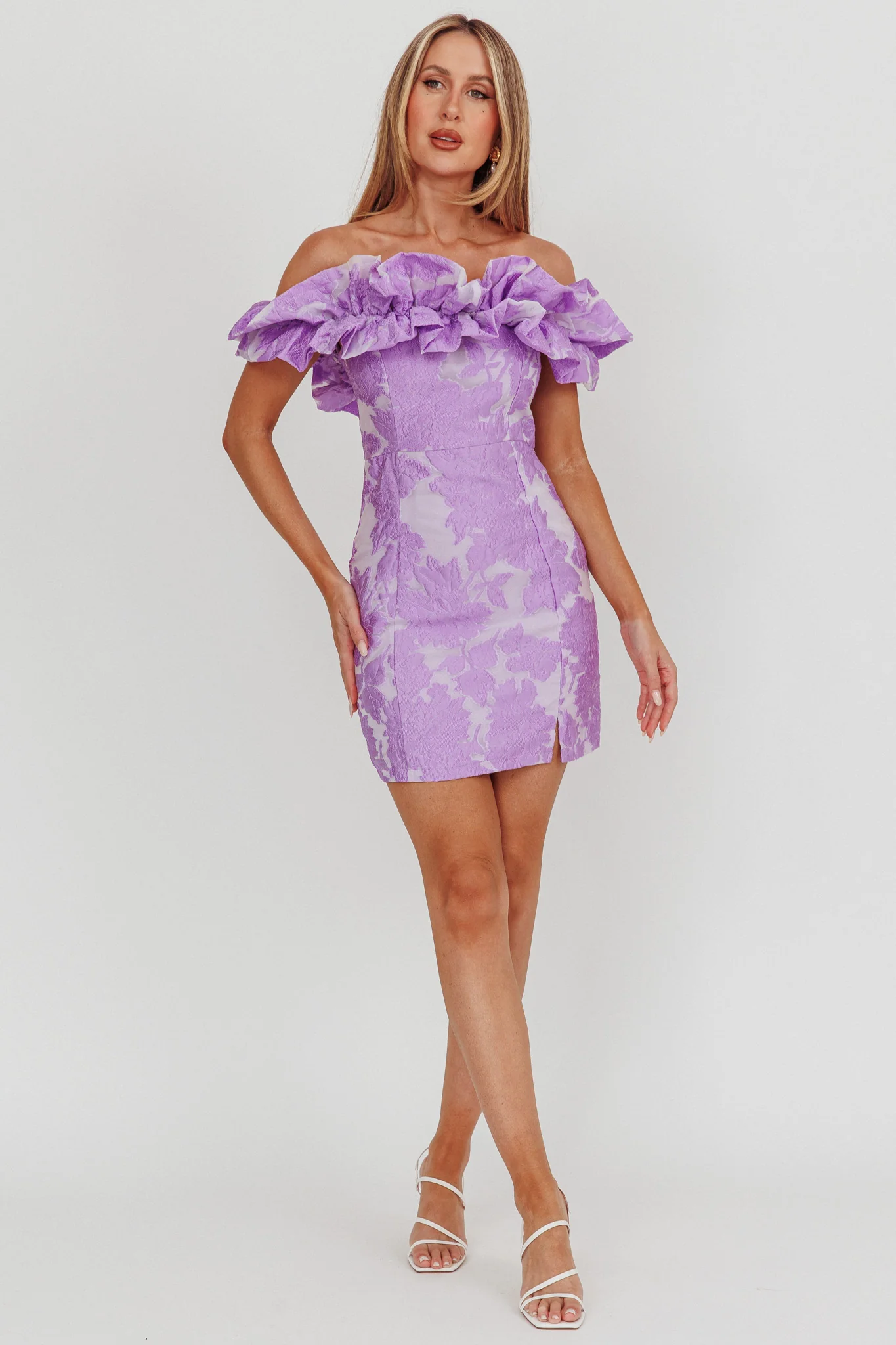 Memoire Off-Shoulder Jacquard Mini Dress Lilac - Image 4