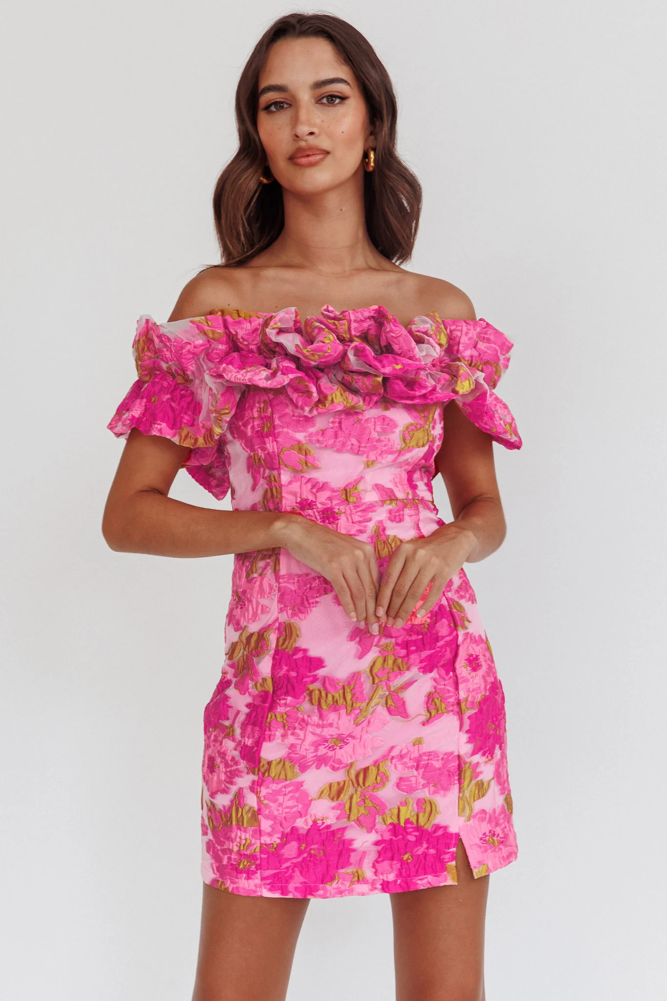 Memoire Off-Shoulder Textured Mini Dress Pink - Image 6