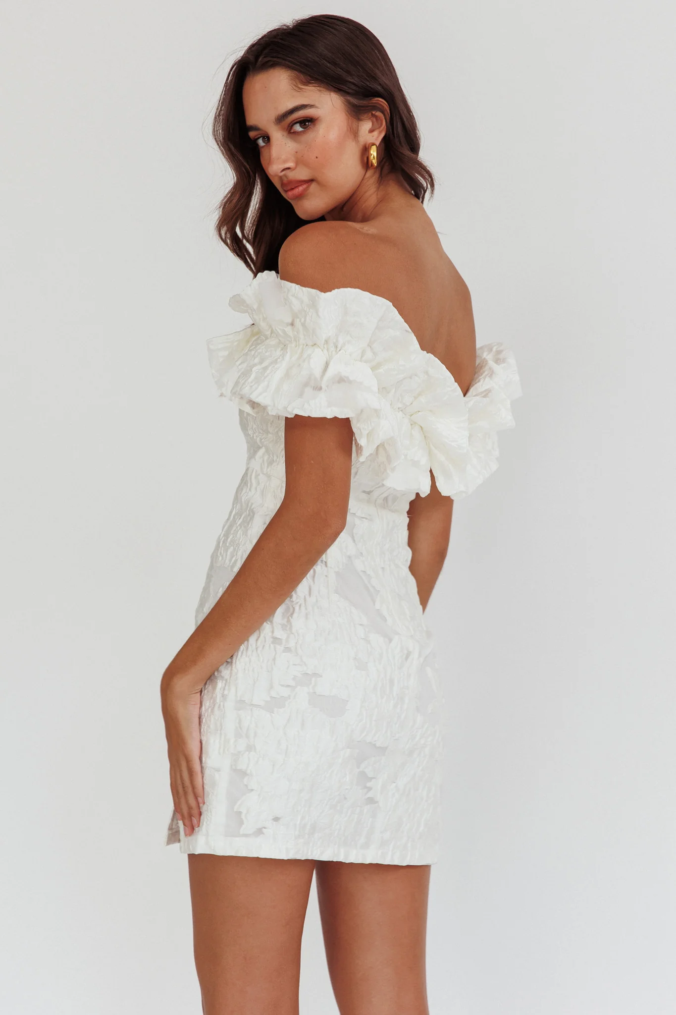 Memoire Off-Shoulder Textured Mini Dress White - Image 2