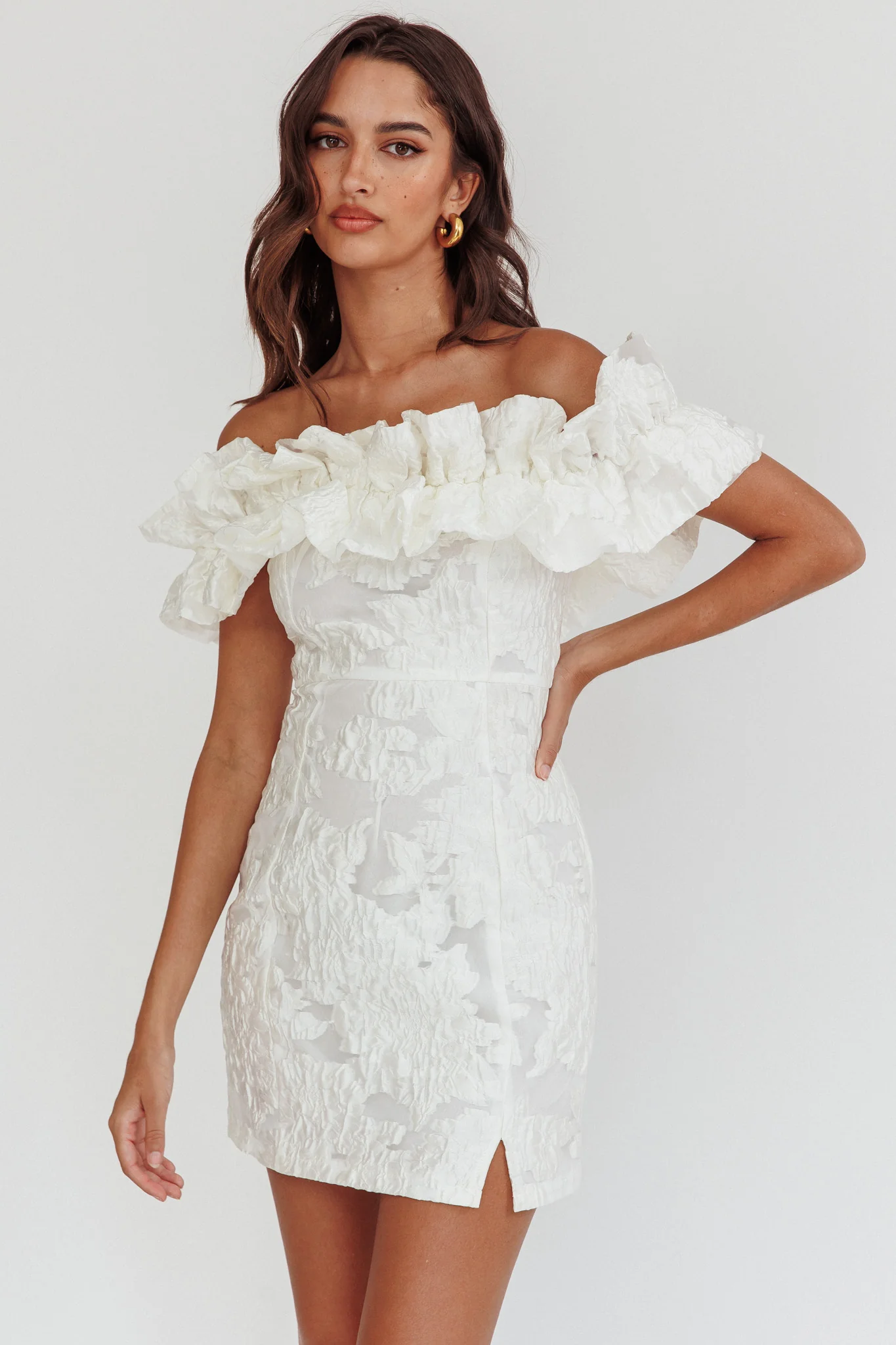 Memoire Off-Shoulder Textured Mini Dress White - Image 3