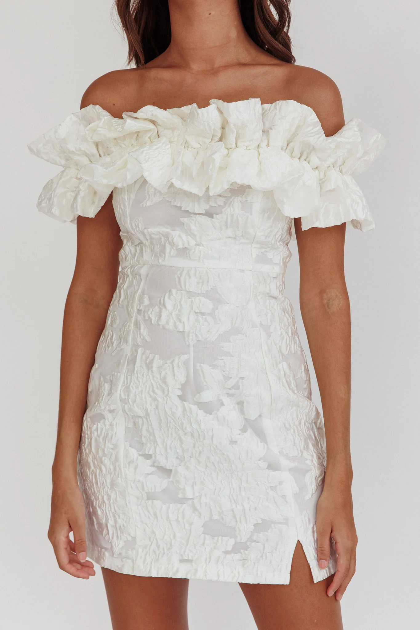 Memoire Off-Shoulder Textured Mini Dress White - Image 6
