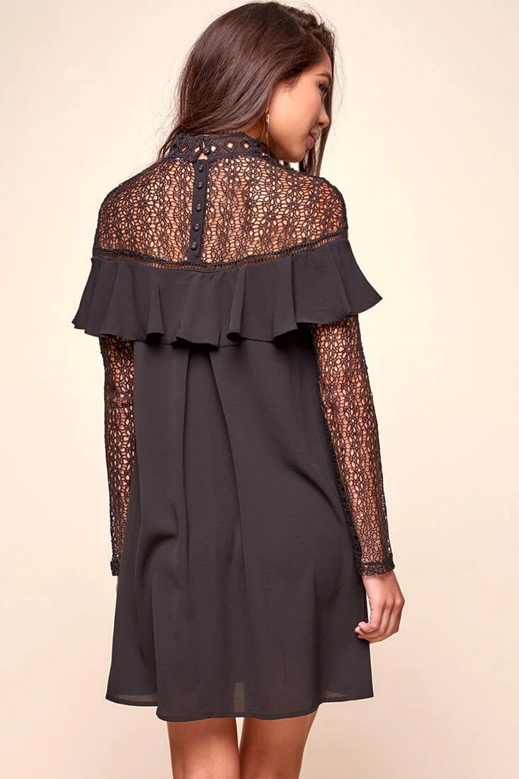 Mendes Lace Detailed High Neck Long Sleeved Dress Black - Image 5