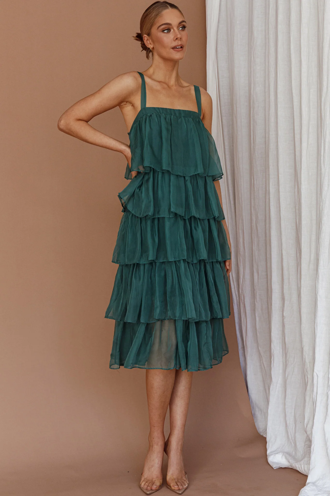 Merry Layered Frill Midi Dress Turtle Green - Image 3