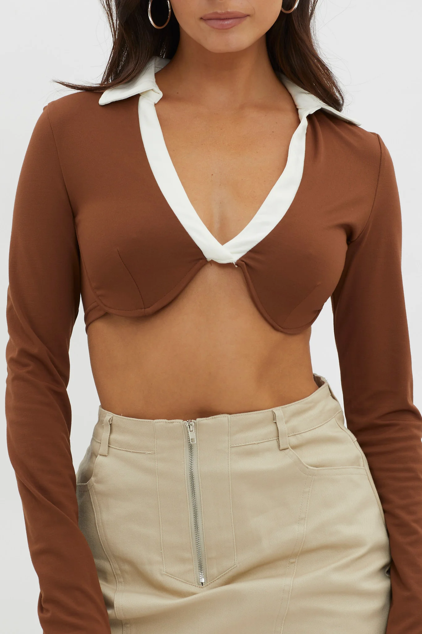 Mic Drop Collared Crop Top Chocolate - Image 4