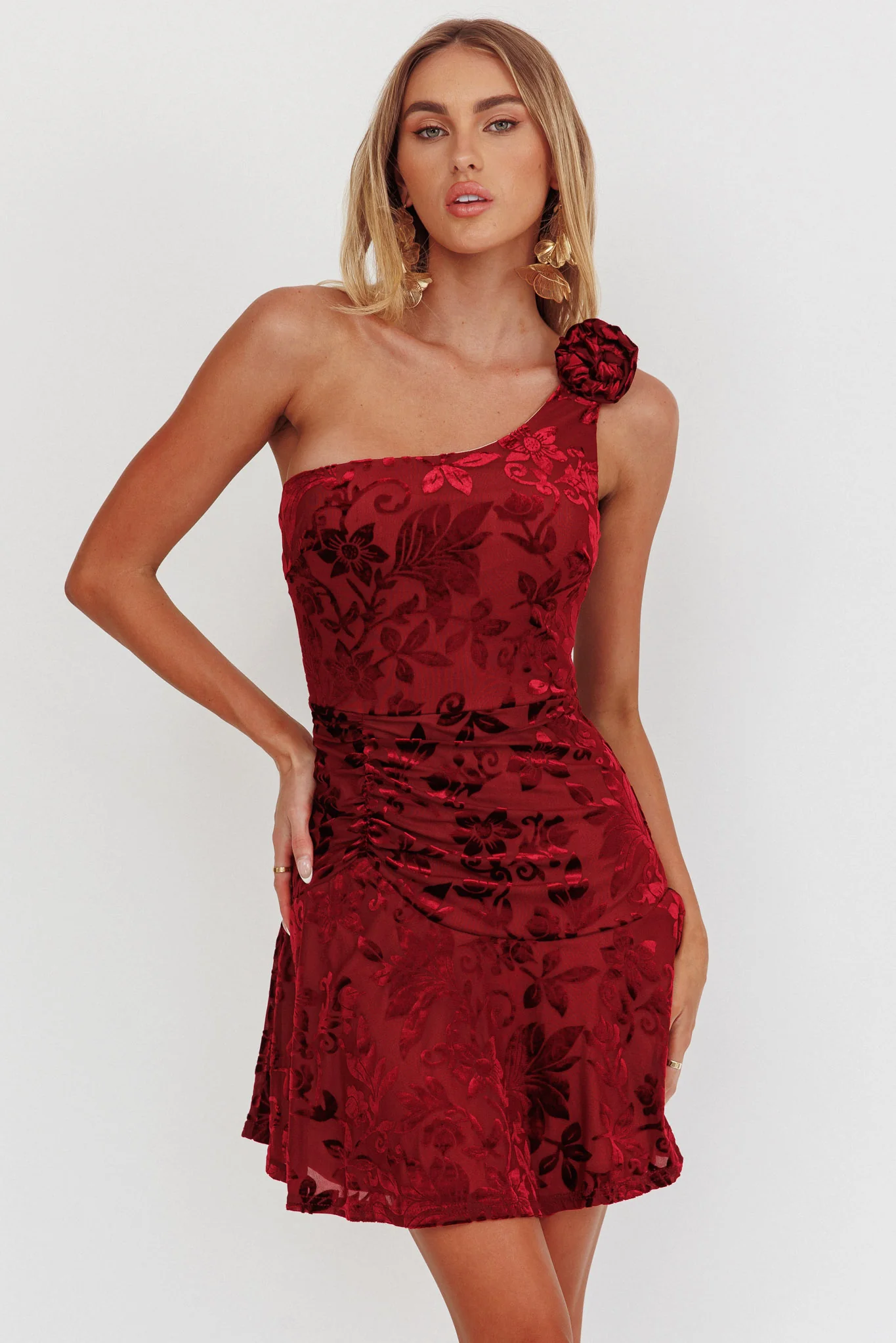 Midnight Aura One Shoulder Mini Dress Wine - Image 5