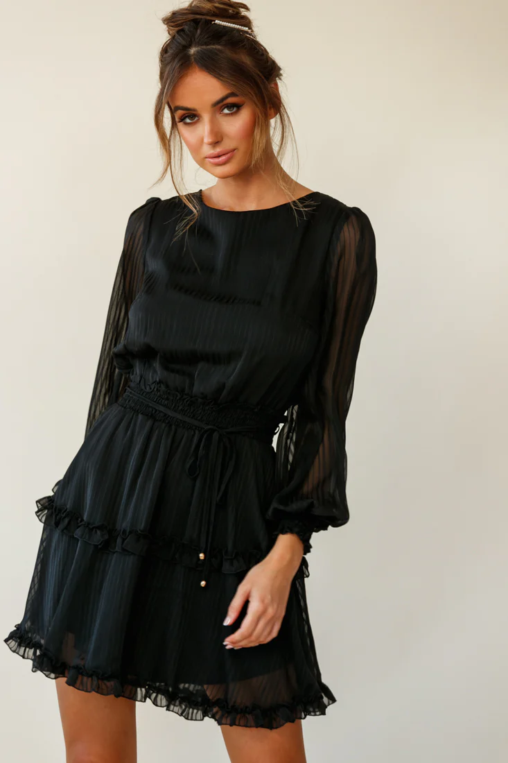 Mildred Long Sleeve Shirred Waist Frill Dress Black - Image 4