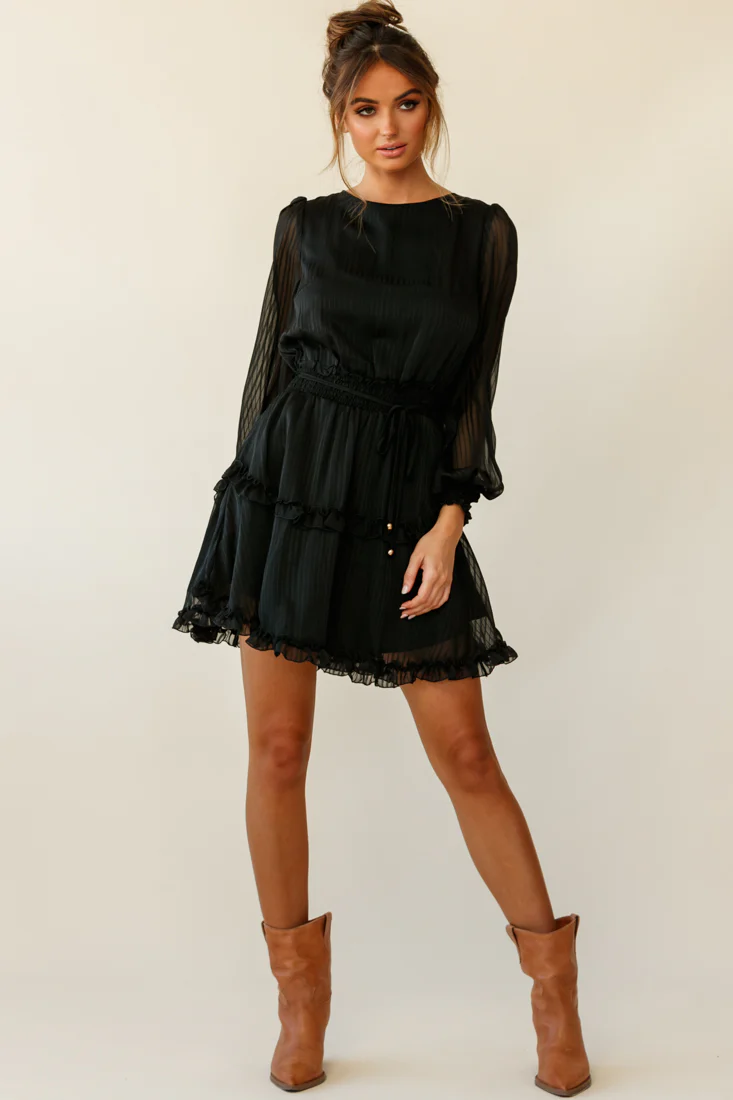 Mildred Long Sleeve Shirred Waist Frill Dress Black - Image 5