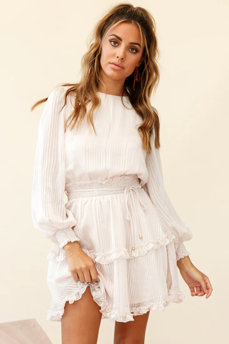 Mildred Long Sleeve Shirred Waist Frill Dress Nude - Image 2