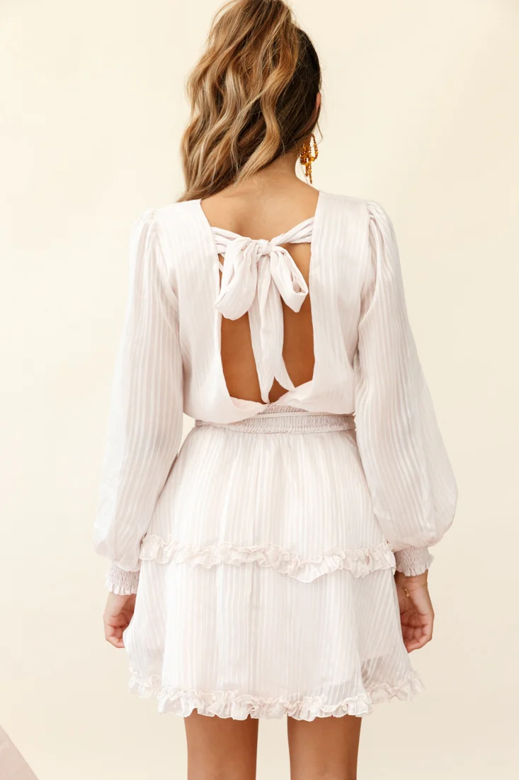 Mildred Long Sleeve Shirred Waist Frill Dress Nude - Image 6