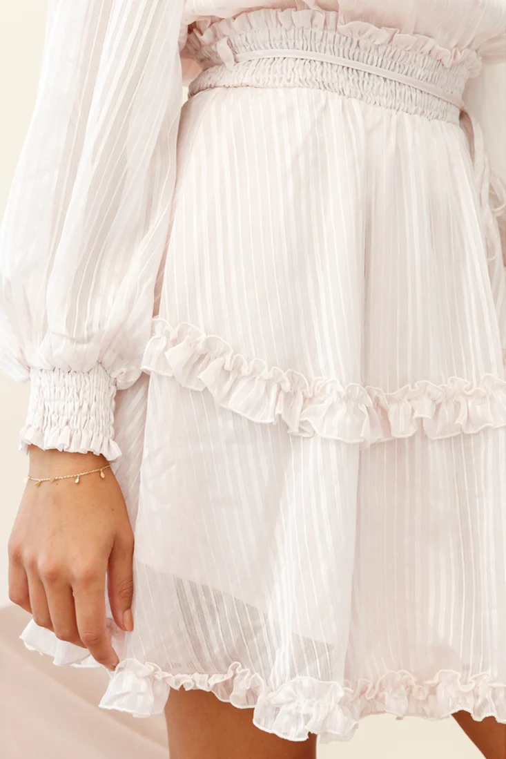 Mildred Long Sleeve Shirred Waist Frill Dress Nude - Image 7