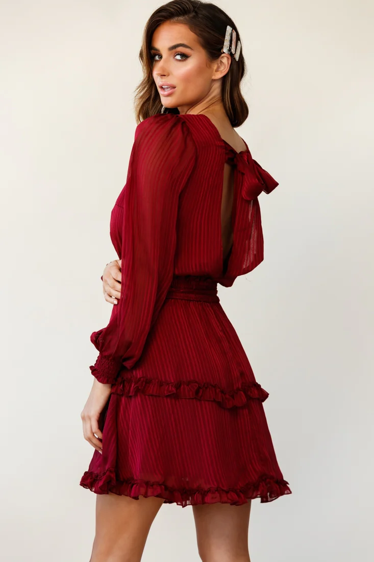 Mildred Long Sleeve Shirred Waist Frill Dress Wine - Image 6
