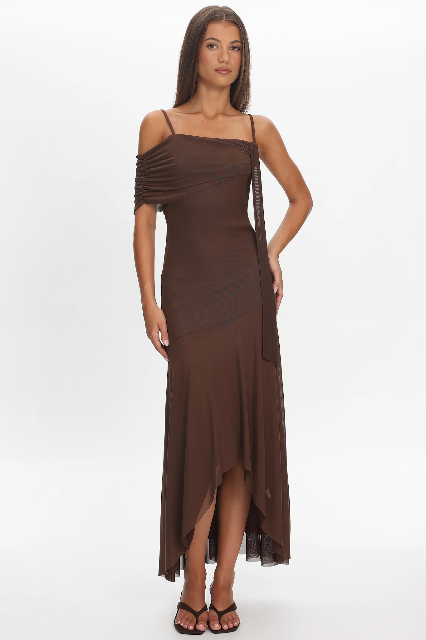 Millitah Asymmetric Hem Mesh Maxi Dress Chocolate - Image 5