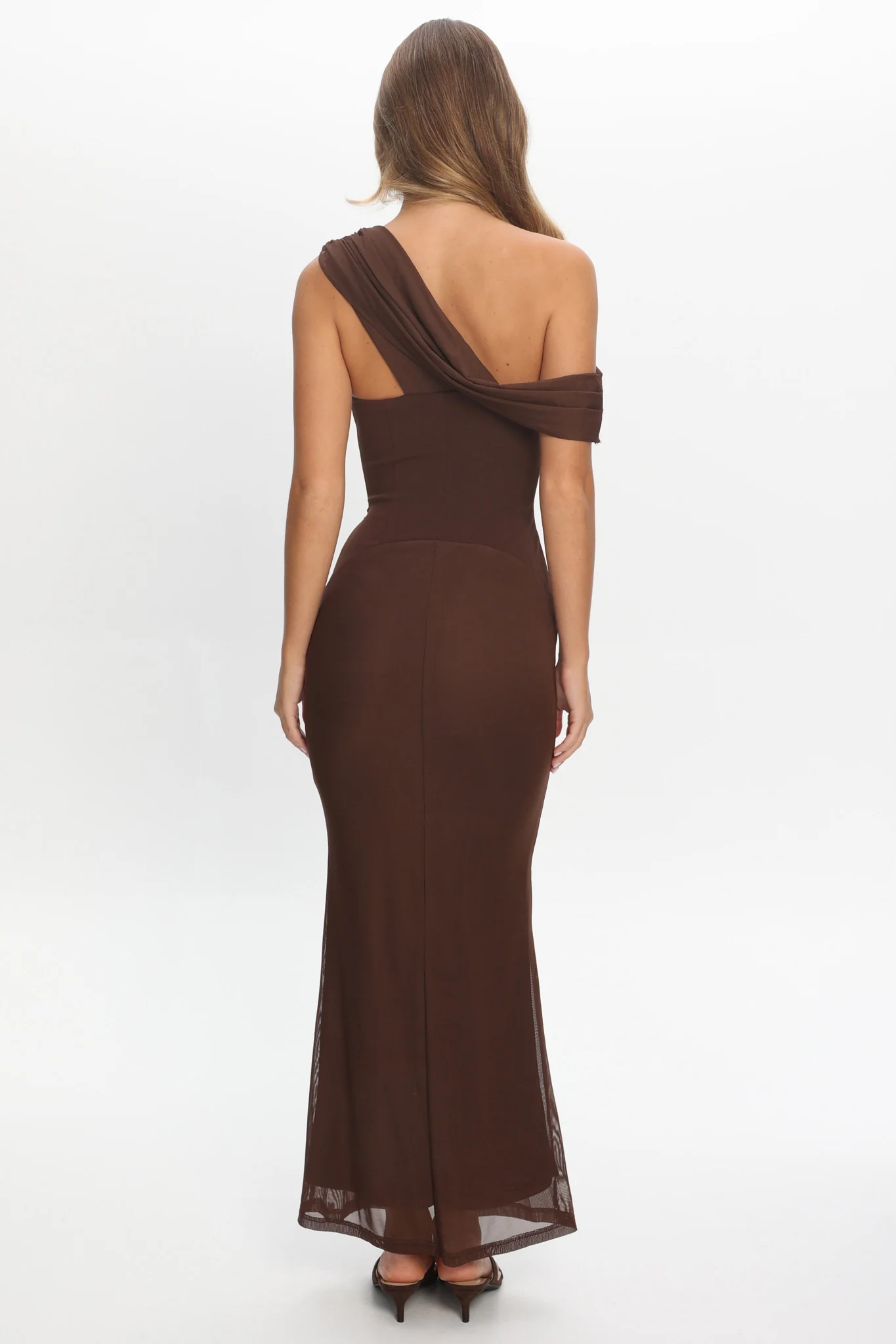 Milos Asymmetric Neckline Maxi Dress Chocolate - Image 3