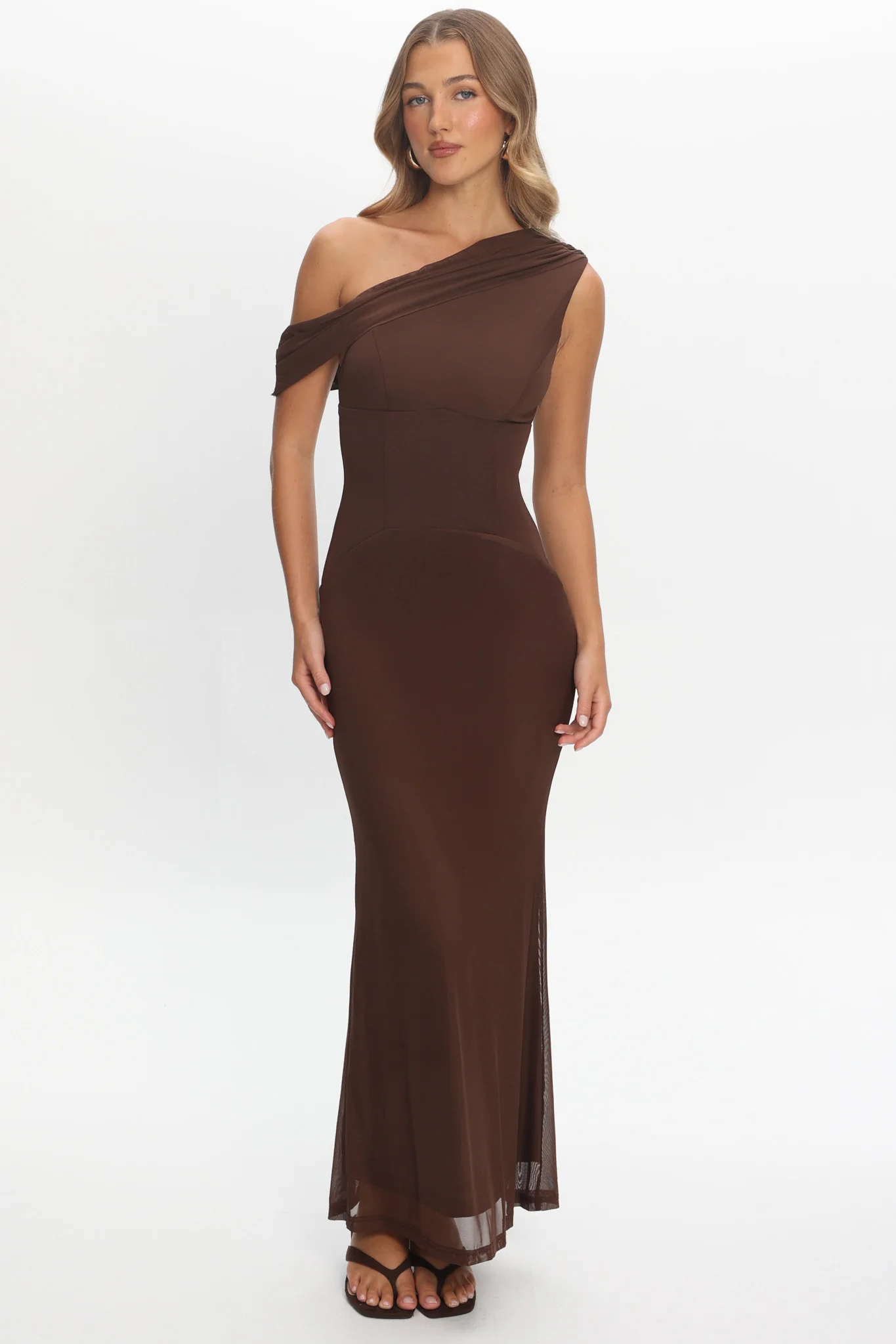 Milos Asymmetric Neckline Maxi Dress Chocolate - Image 5