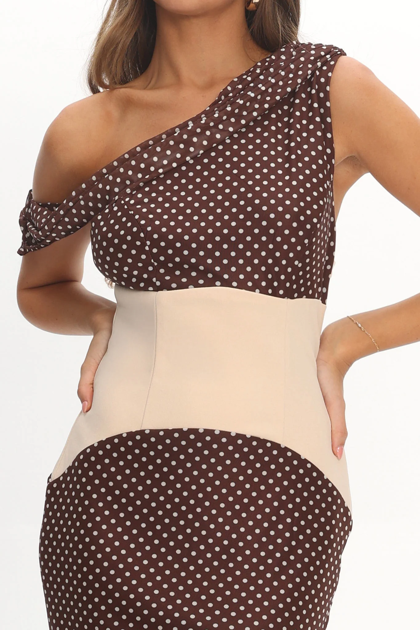 Milos Asymmetric Neckline Maxi Dress Chocolate Dot - Image 4