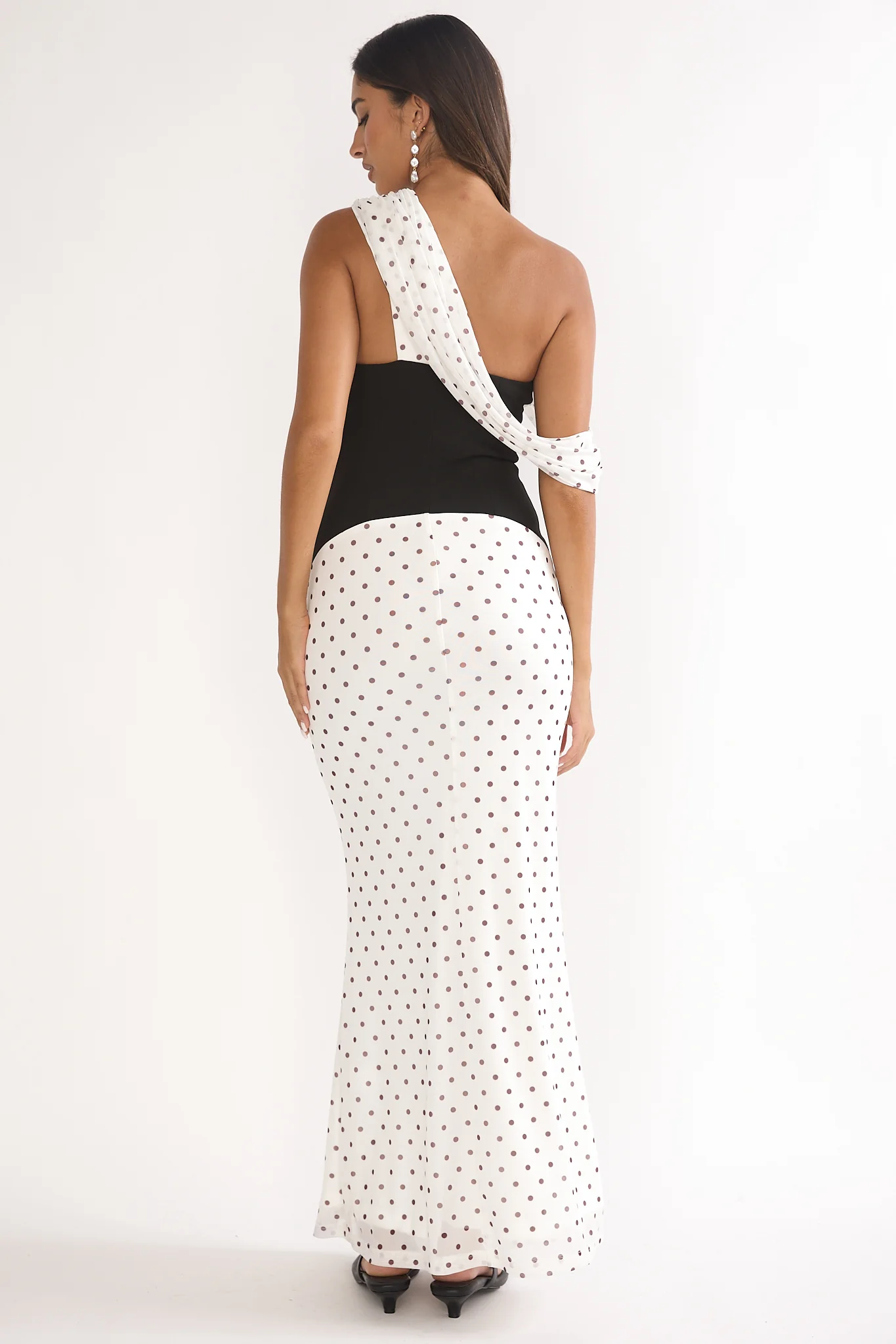 Milos Asymmetric Neckline Maxi Dress Polka Dot Brown - Image 2