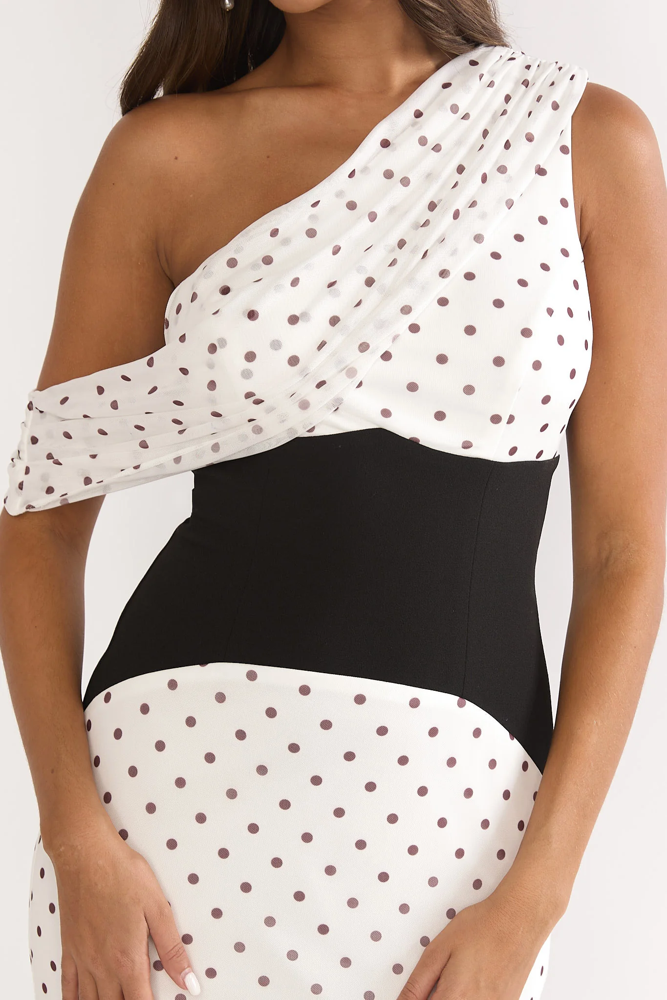 Milos Asymmetric Neckline Maxi Dress Polka Dot Brown - Image 3