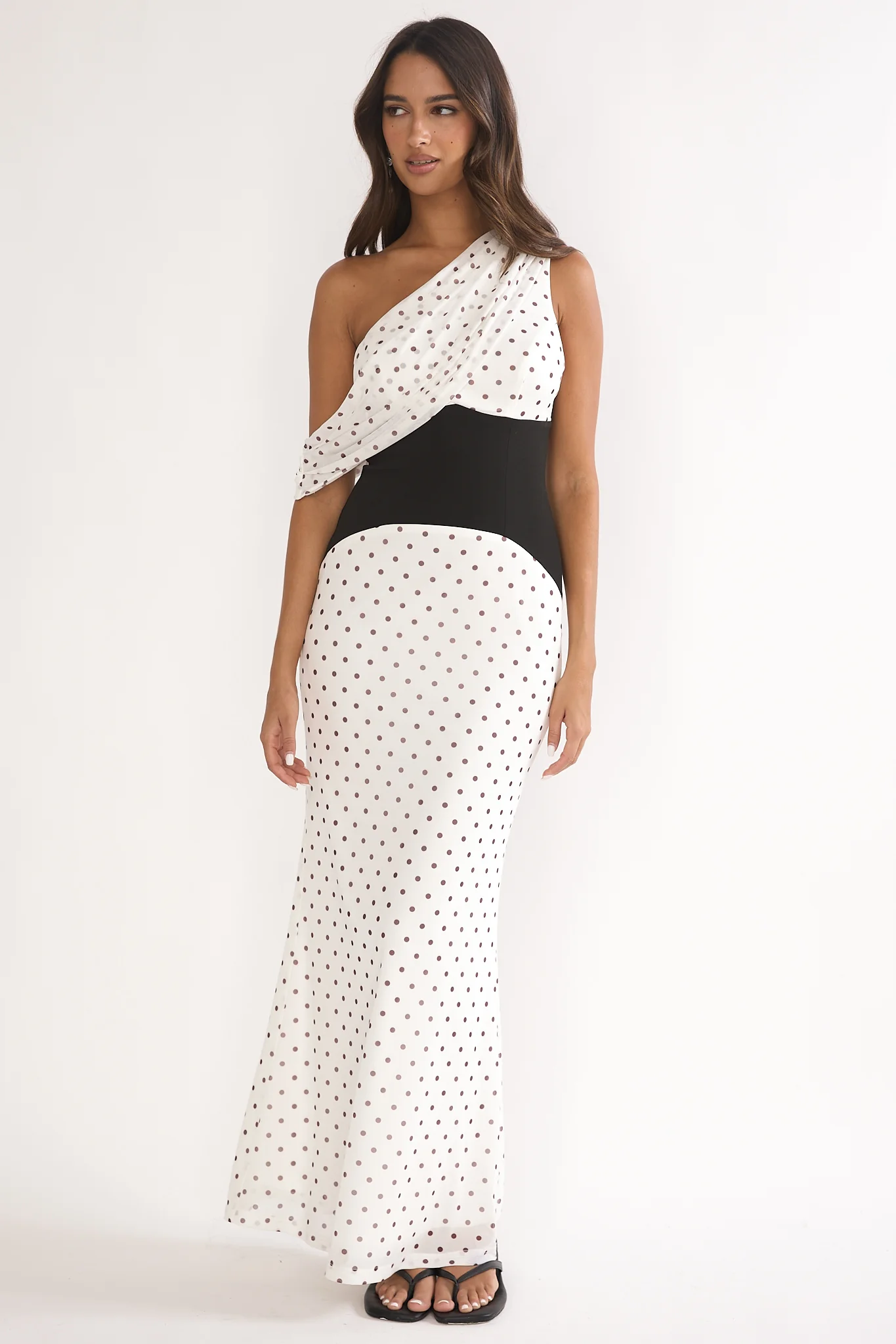 Milos Asymmetric Neckline Maxi Dress Polka Dot Brown - Image 4