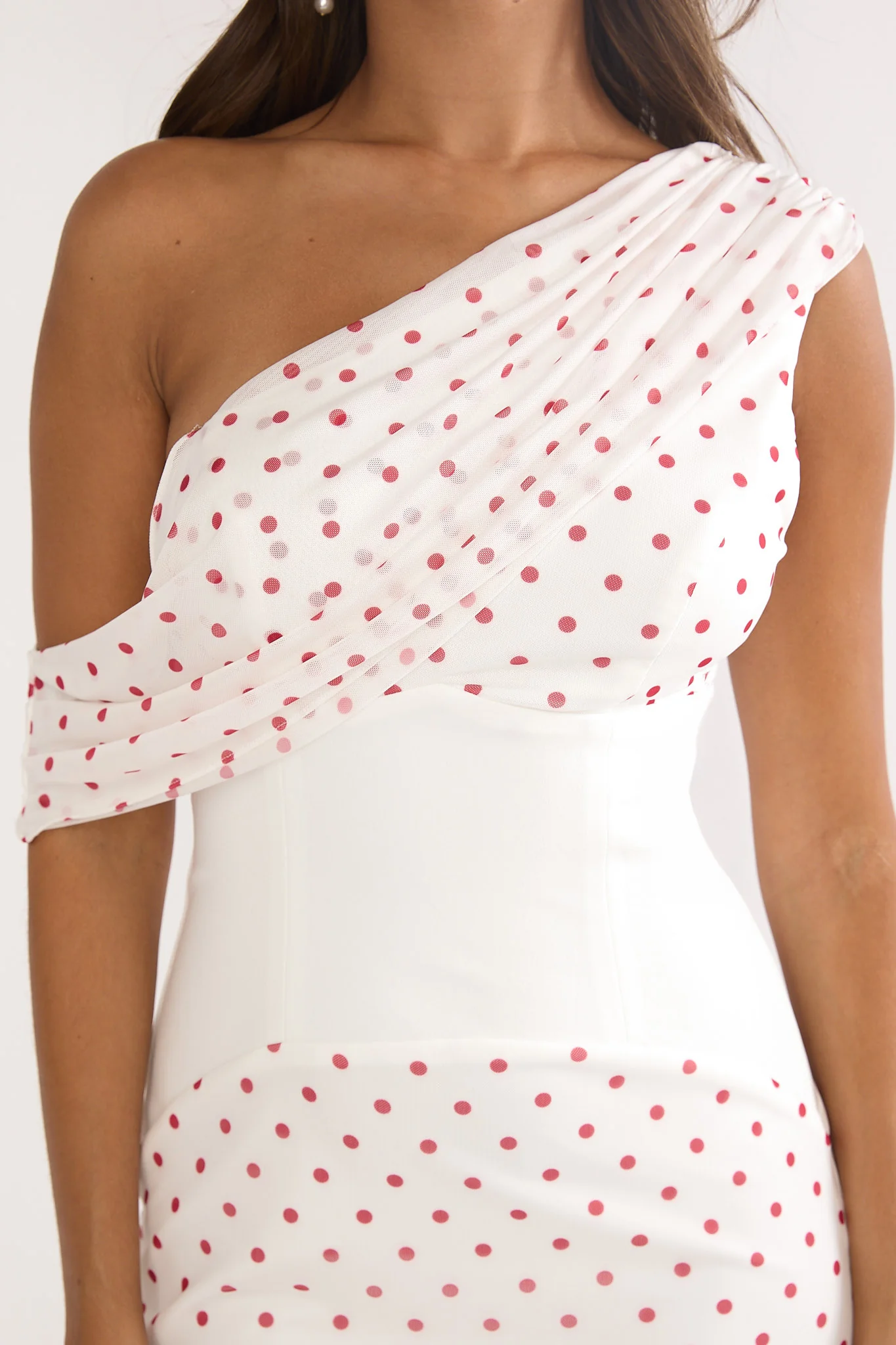 Milos Asymmetric Neckline Maxi Dress Polka Dot Red - Image 4