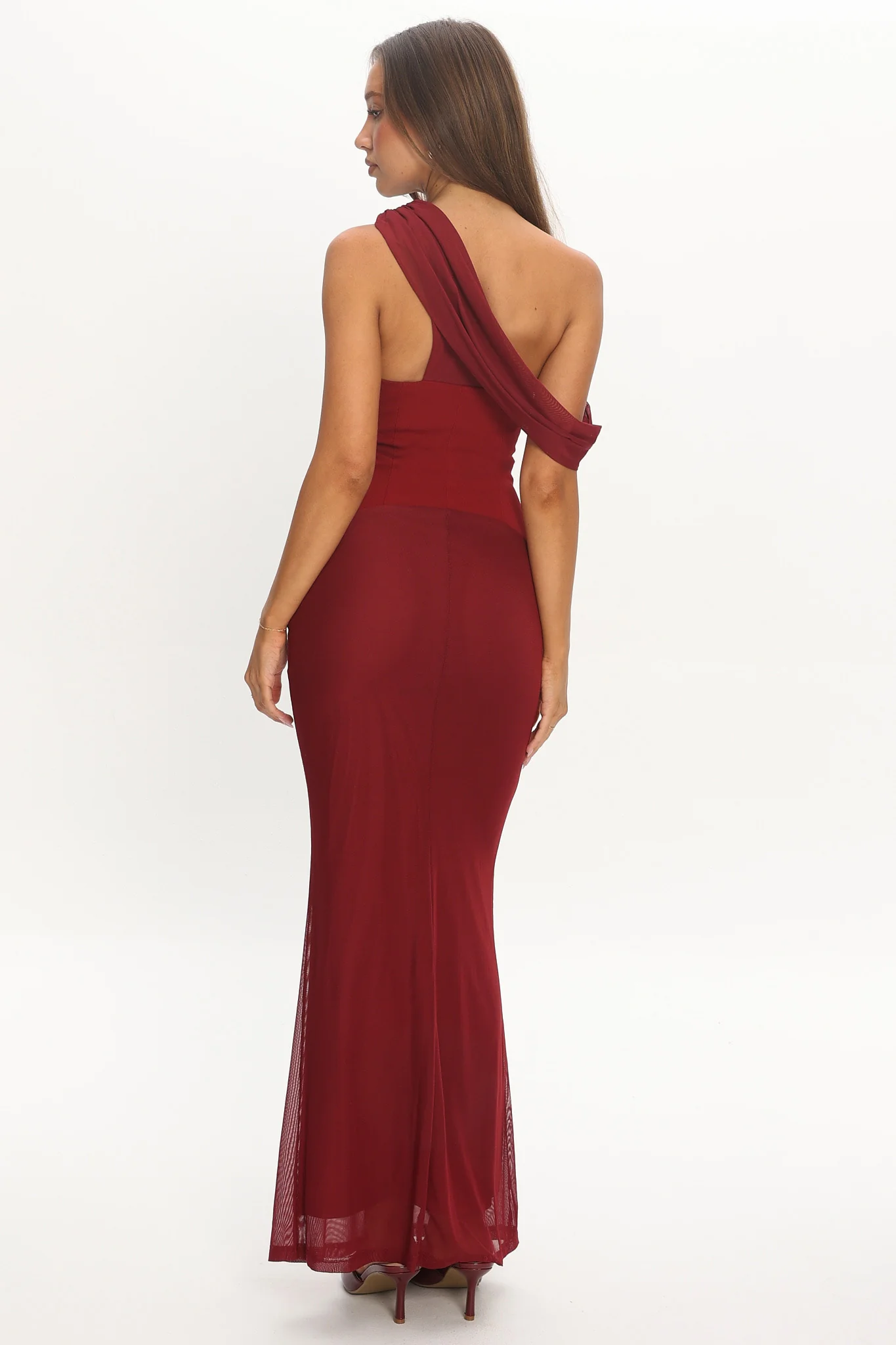 Milos Asymmetric Neckline Maxi Dress Wine - Image 3