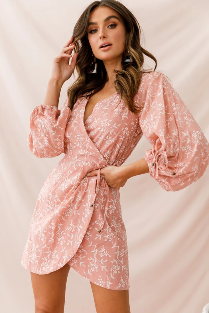 Mindy Gathered Cuff Wrap Dress Rose - Image 5