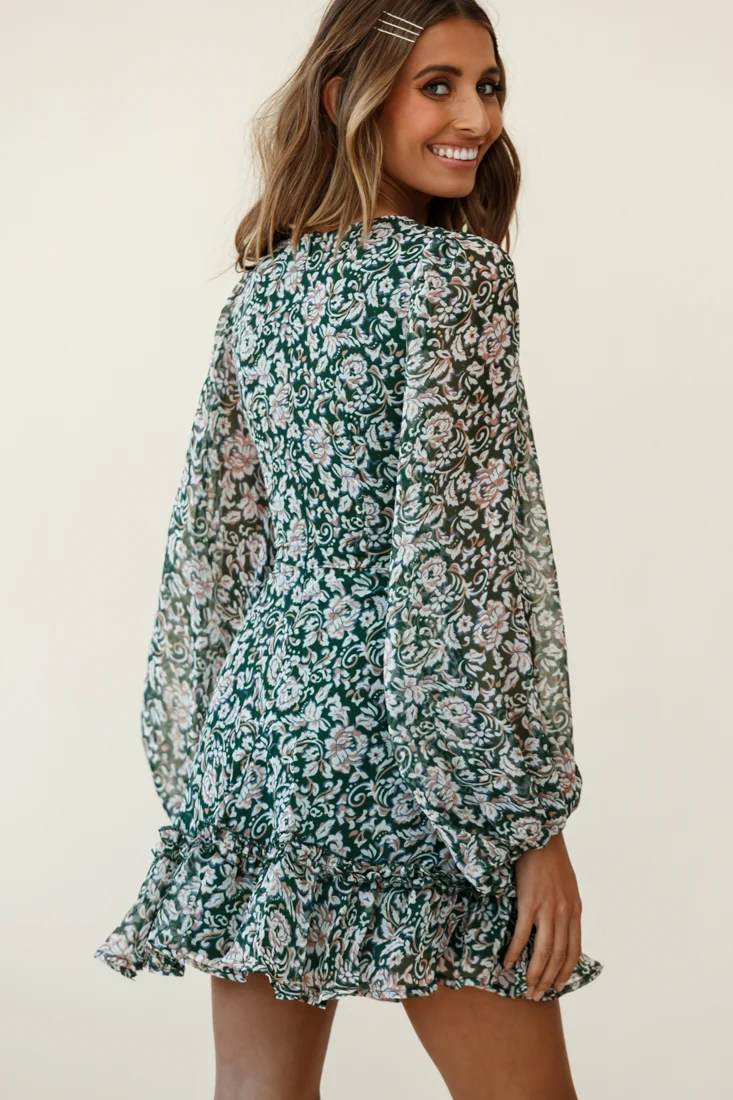 Mirabelle Long Balloon Sleeve Ruffle Hem Dress Floral Print Olive - Image 6
