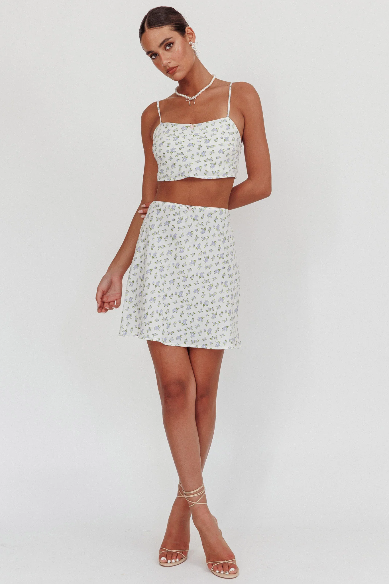 Miss Cupid Cami Crop Top Floral Ivory/Blue - Image 4