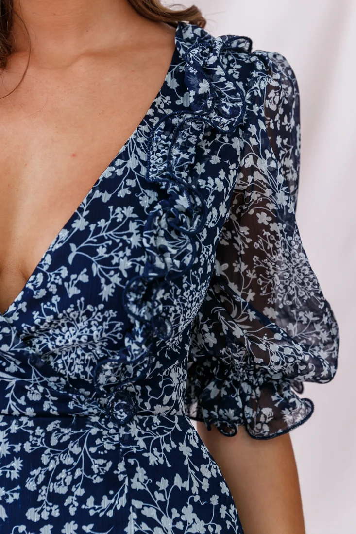 Misty Half Puff Sleeve Ruffle Detail Dress Navy - Image 4