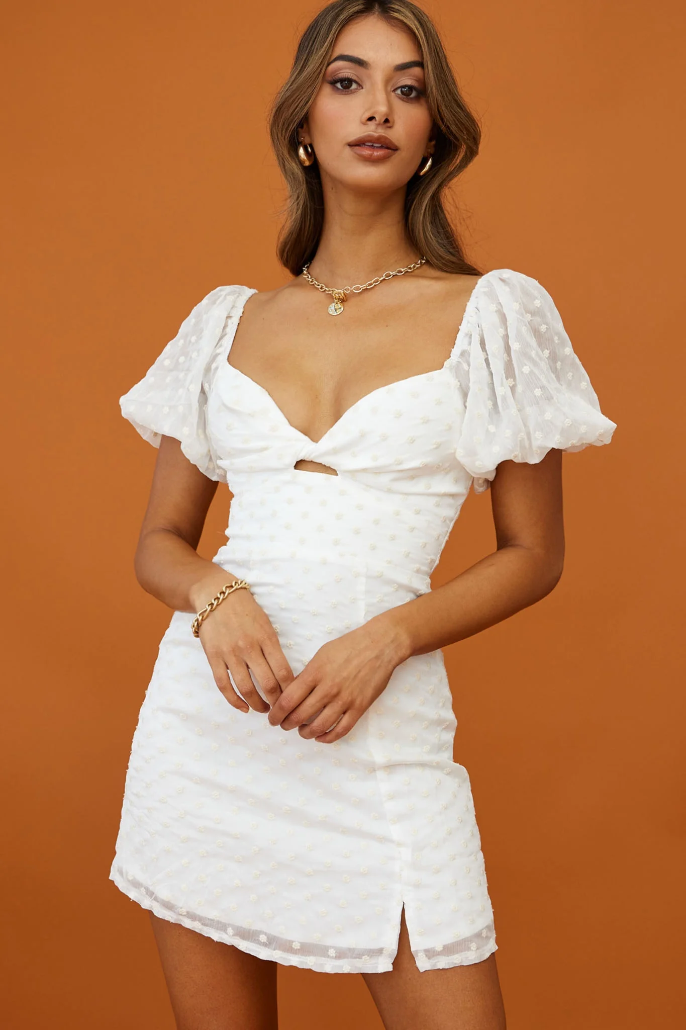 Molli Sheer Puff Sleeve Twist Feature Dress White - Image 7