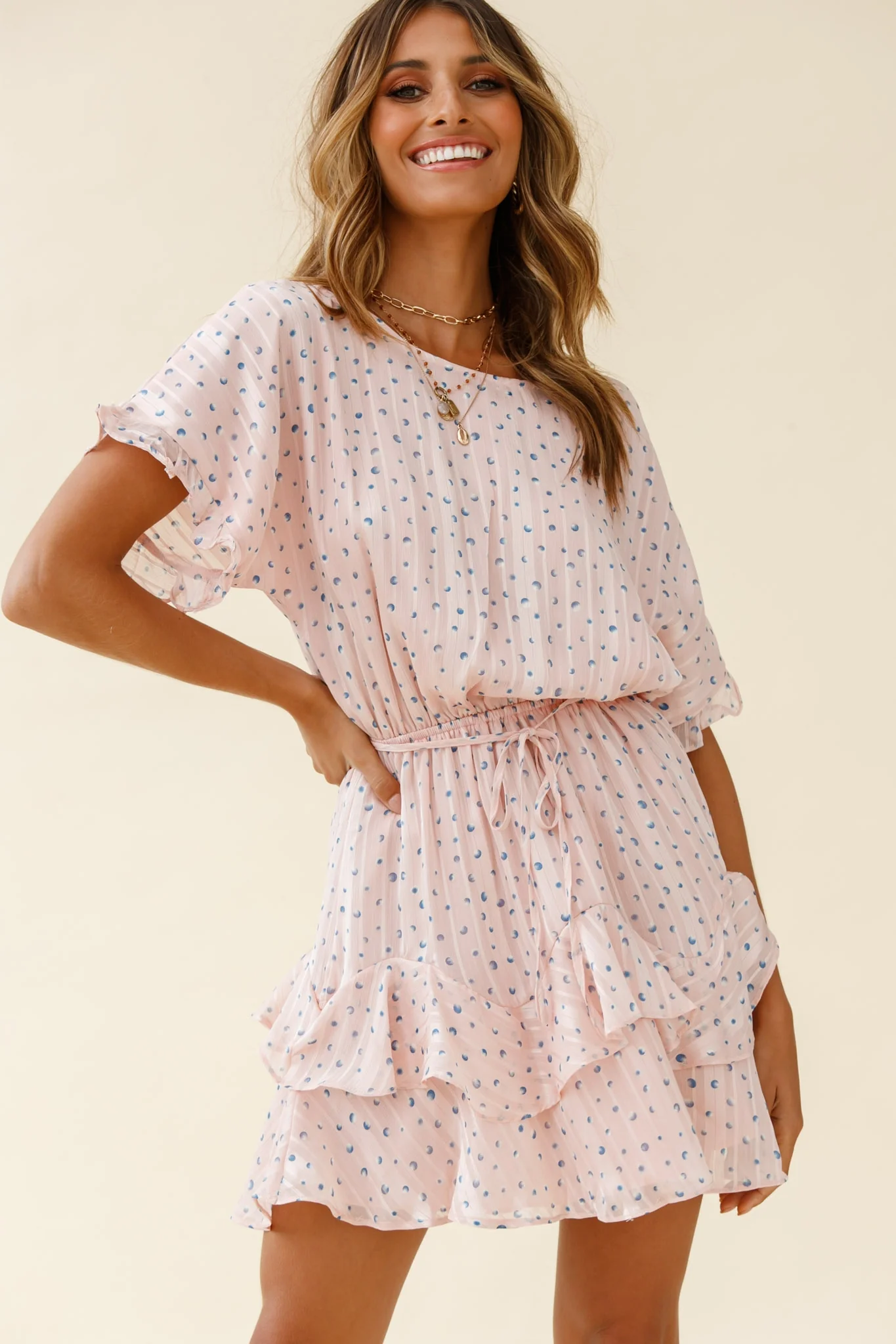 Mollina Frill Sleeve Layered Hem Dress Spot Print Blush - Image 14