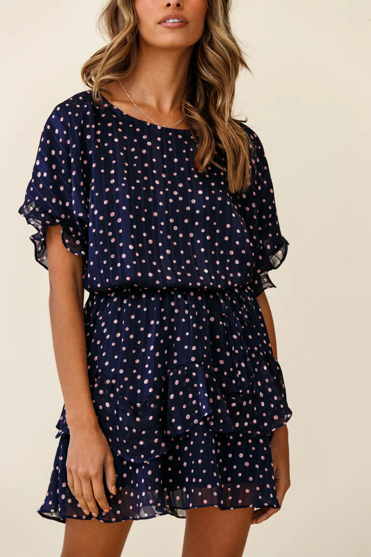 Mollina Frill Sleeve Layered Hem Dress Spot Print Navy - Image 7
