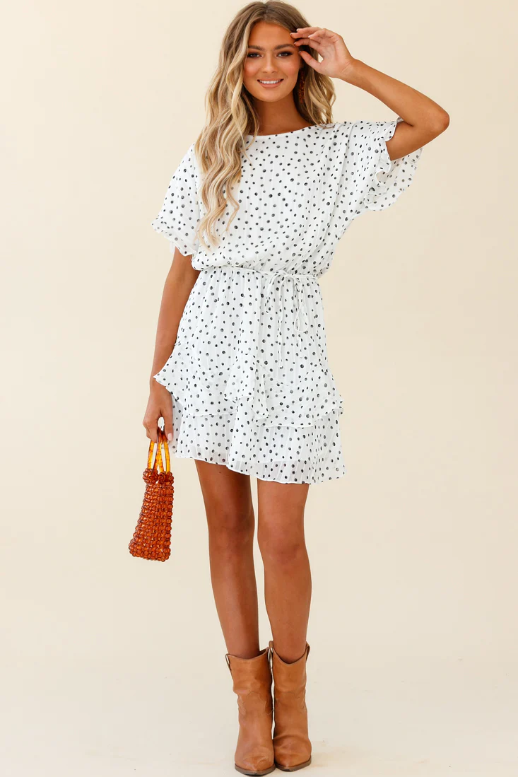 Mollina Frill Sleeve Layered Hem Dress Spot Print White - Image 3