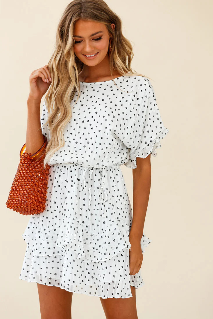 Mollina Frill Sleeve Layered Hem Dress Spot Print White - Image 6