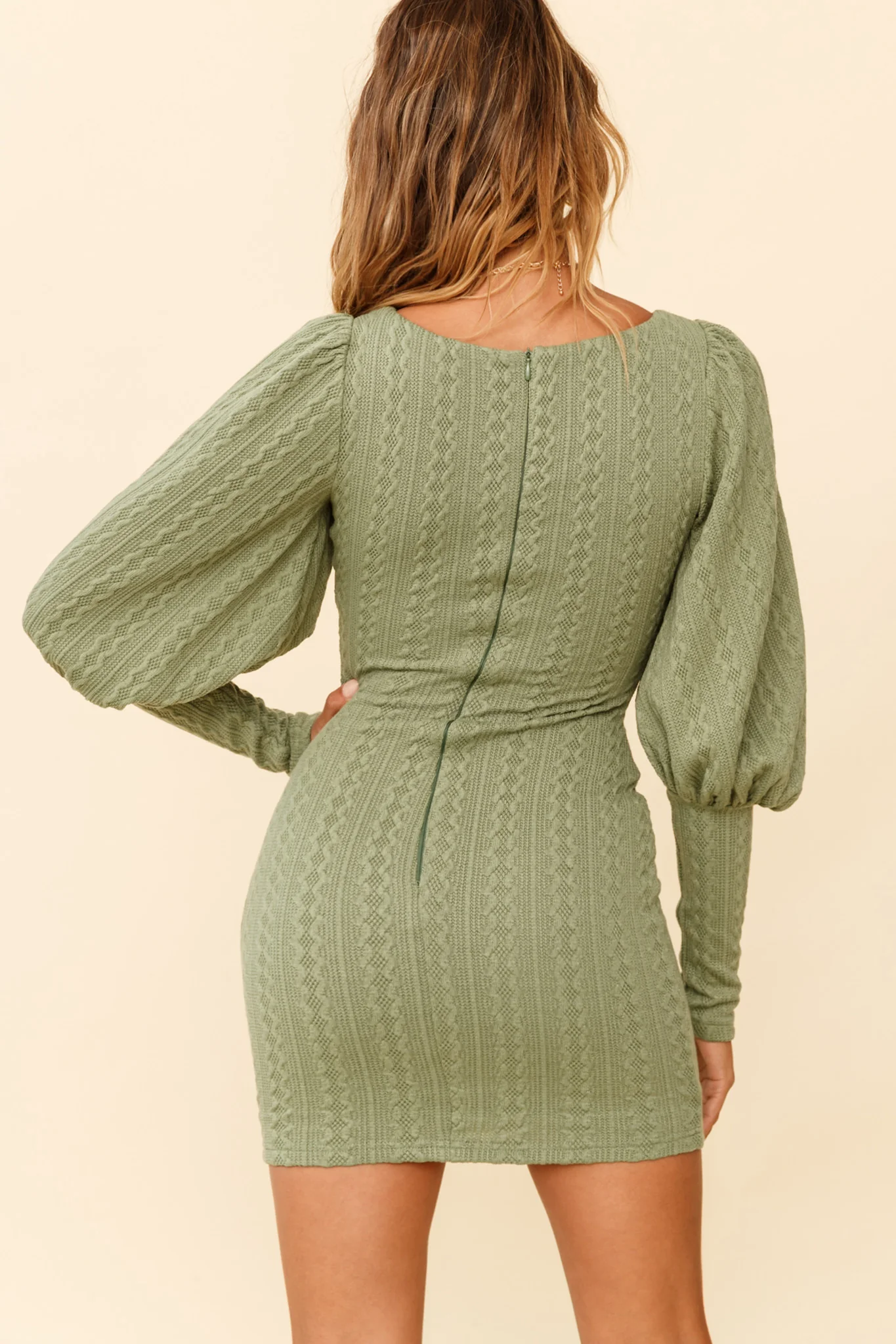 Moneymaker Lantern Sleeve Mini Dress Sage - Image 2