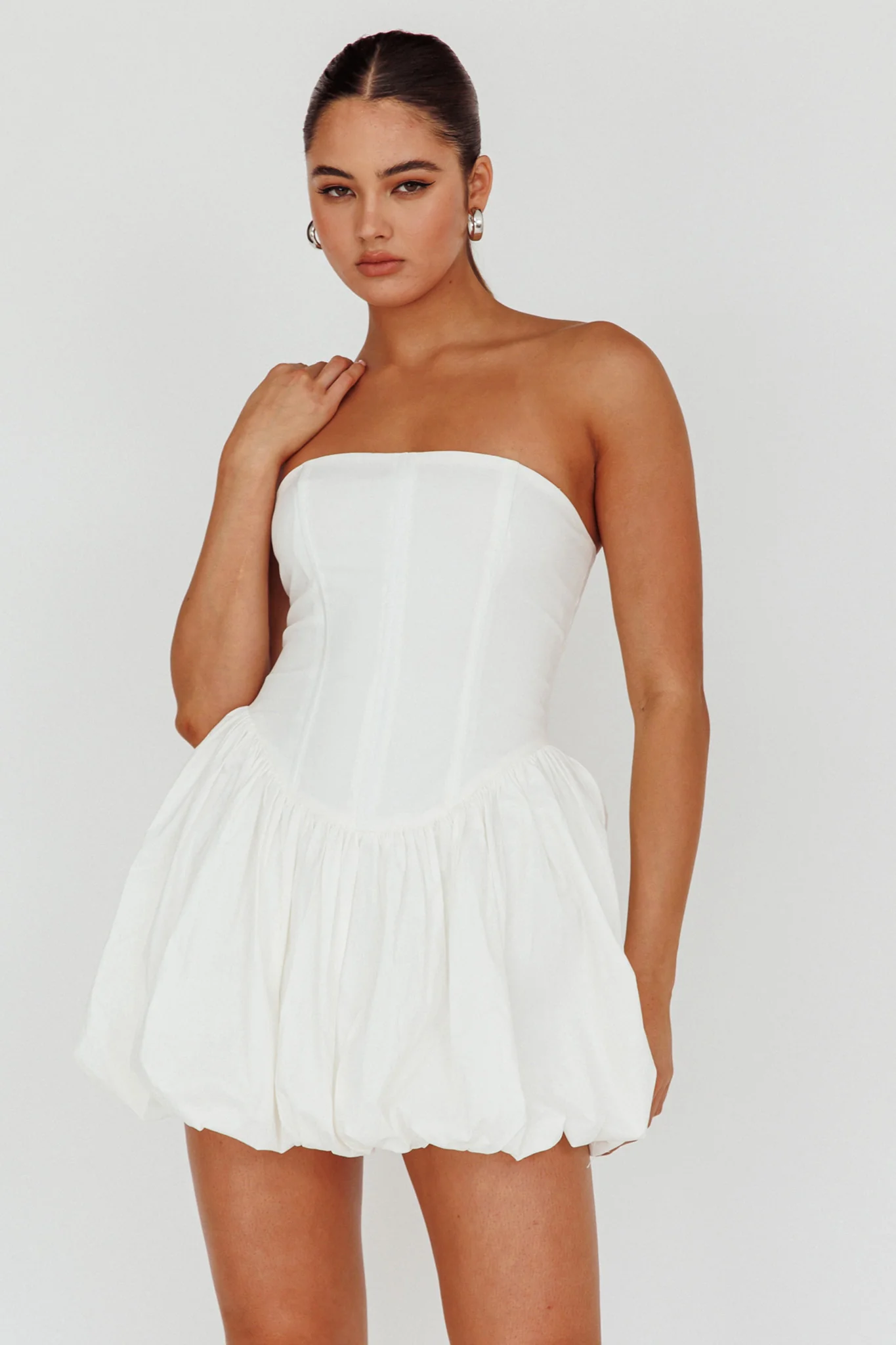 Monti Strapless Bubble Hem Mini Dress White - Image 7