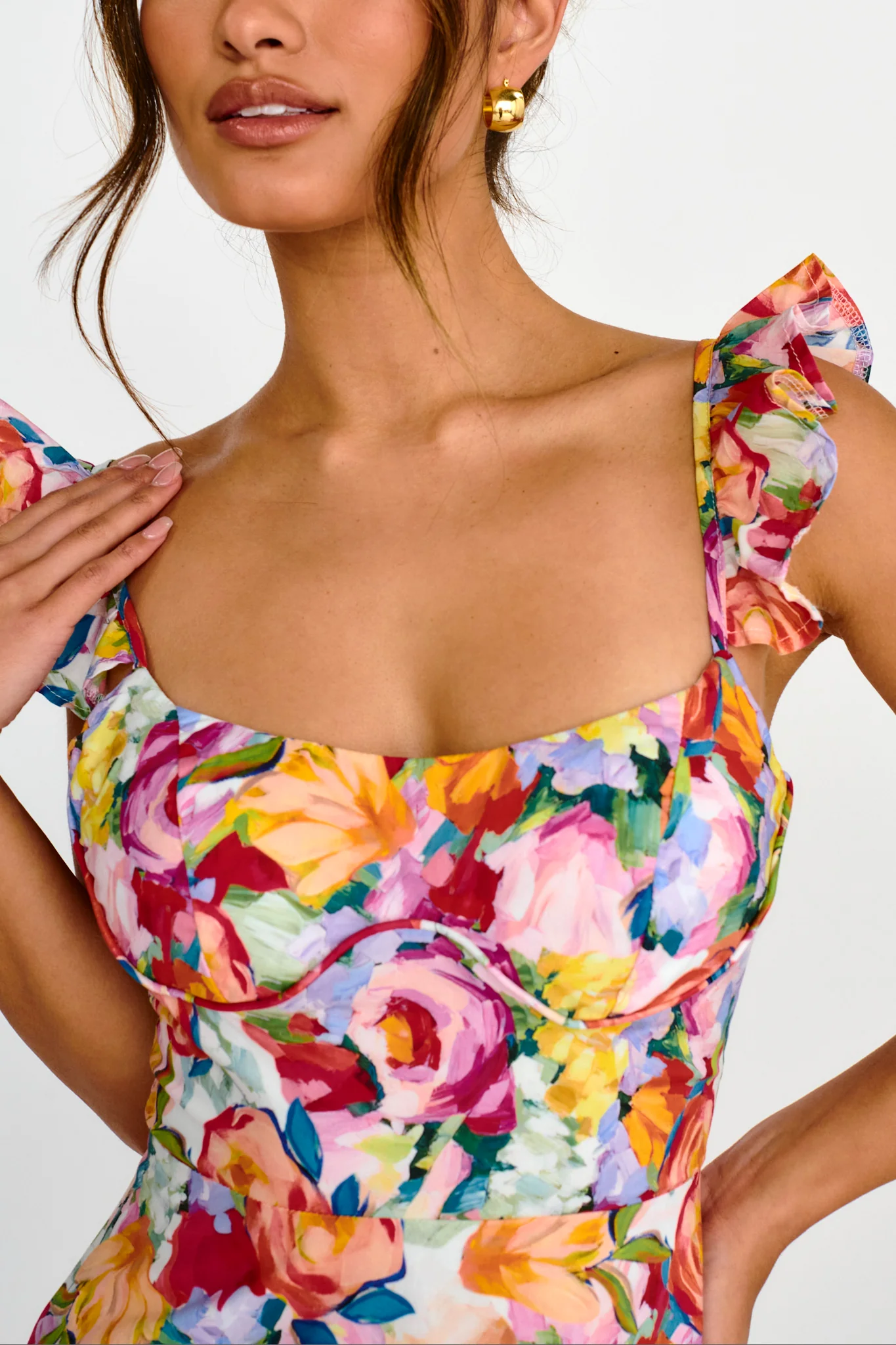 Moonlit Moment Ruffle Trim Lace-Up Back Dress Floral Red - Image 3