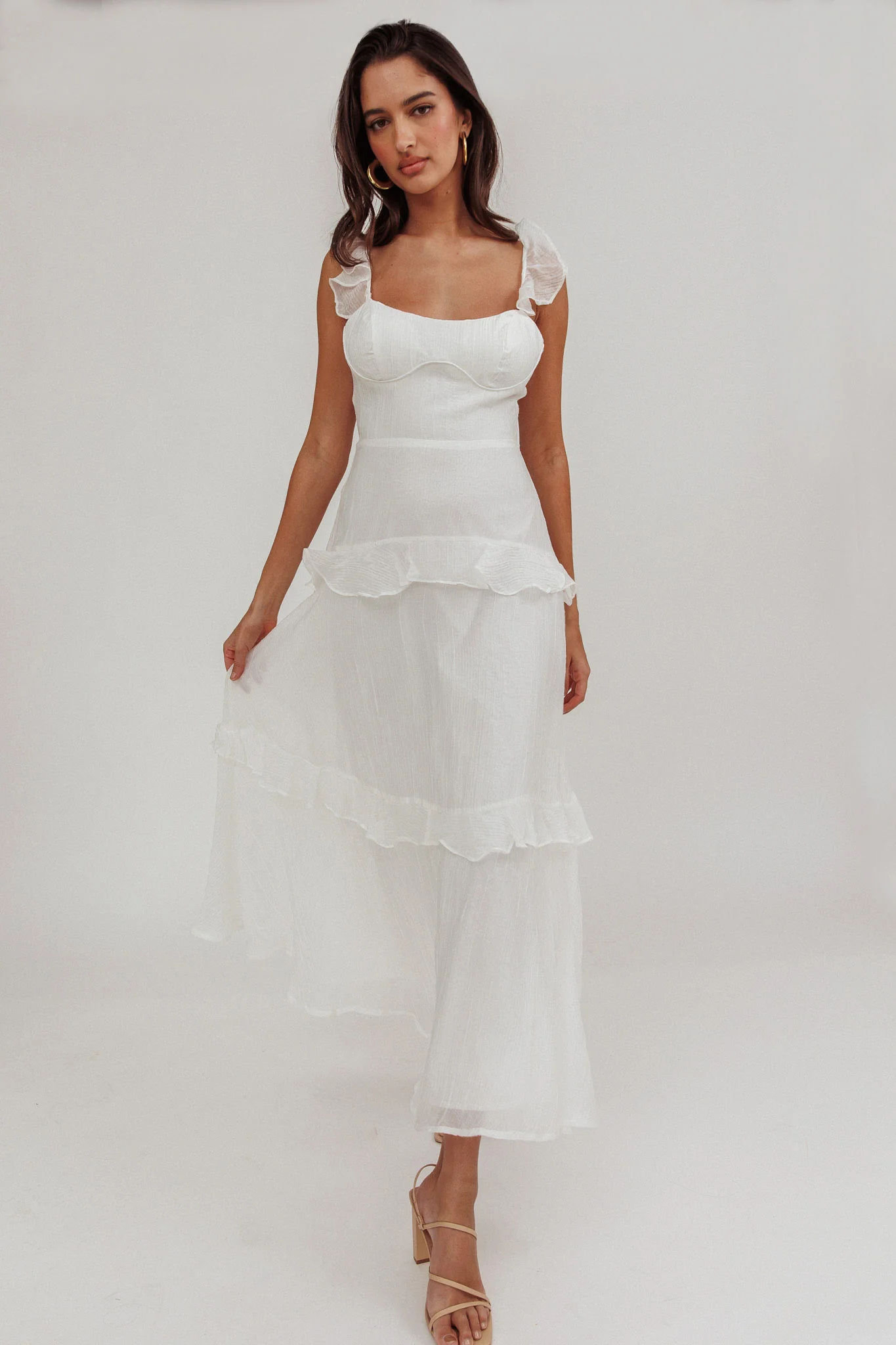 Moonlit Moment Ruffle Trim Lace-Up Back Maxi Dress White - Image 4