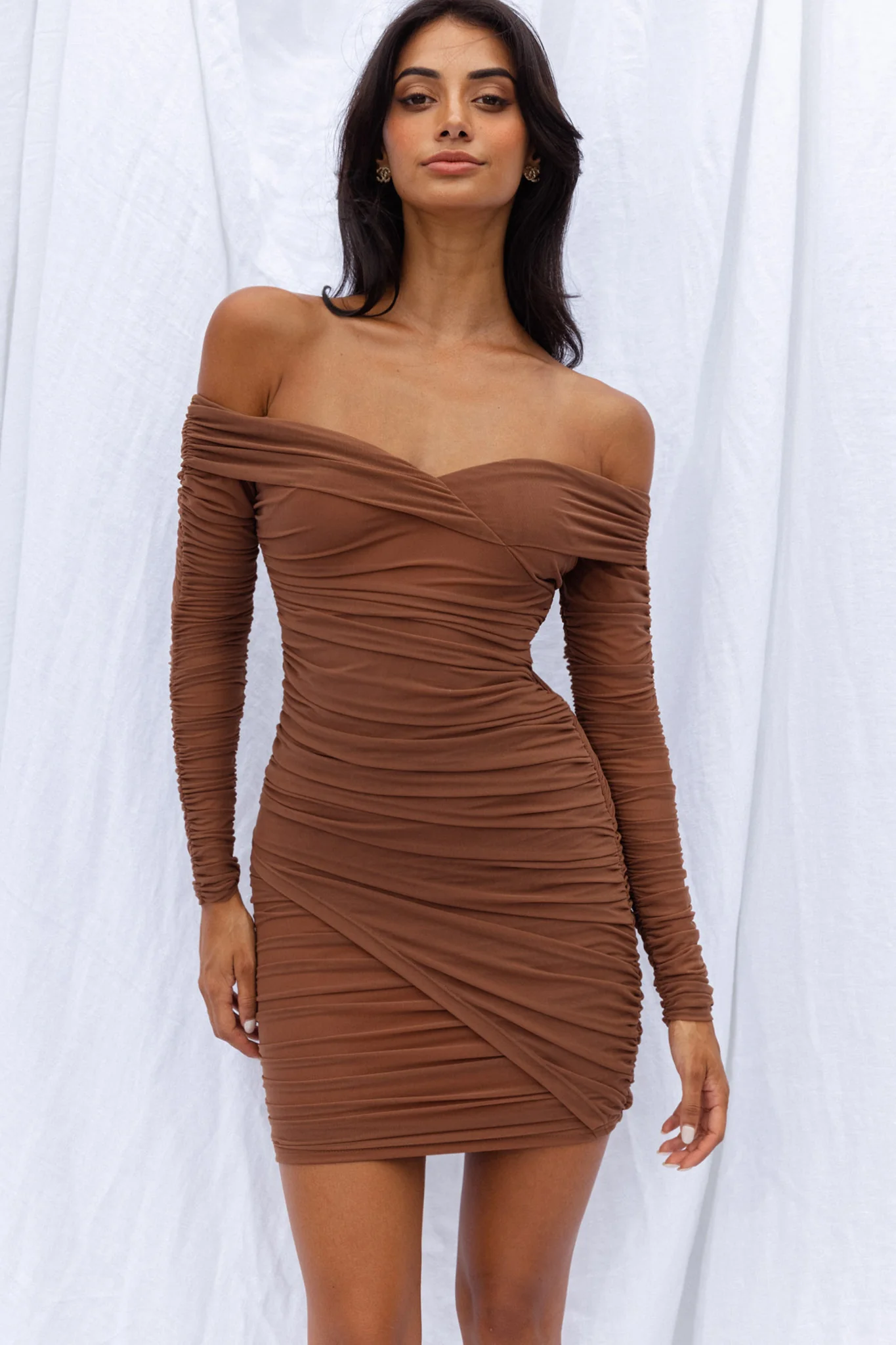 Moonrise Off-Shoulder Crossover Neckline Long Sleeve Ruched Dress Chocolate - Image 6