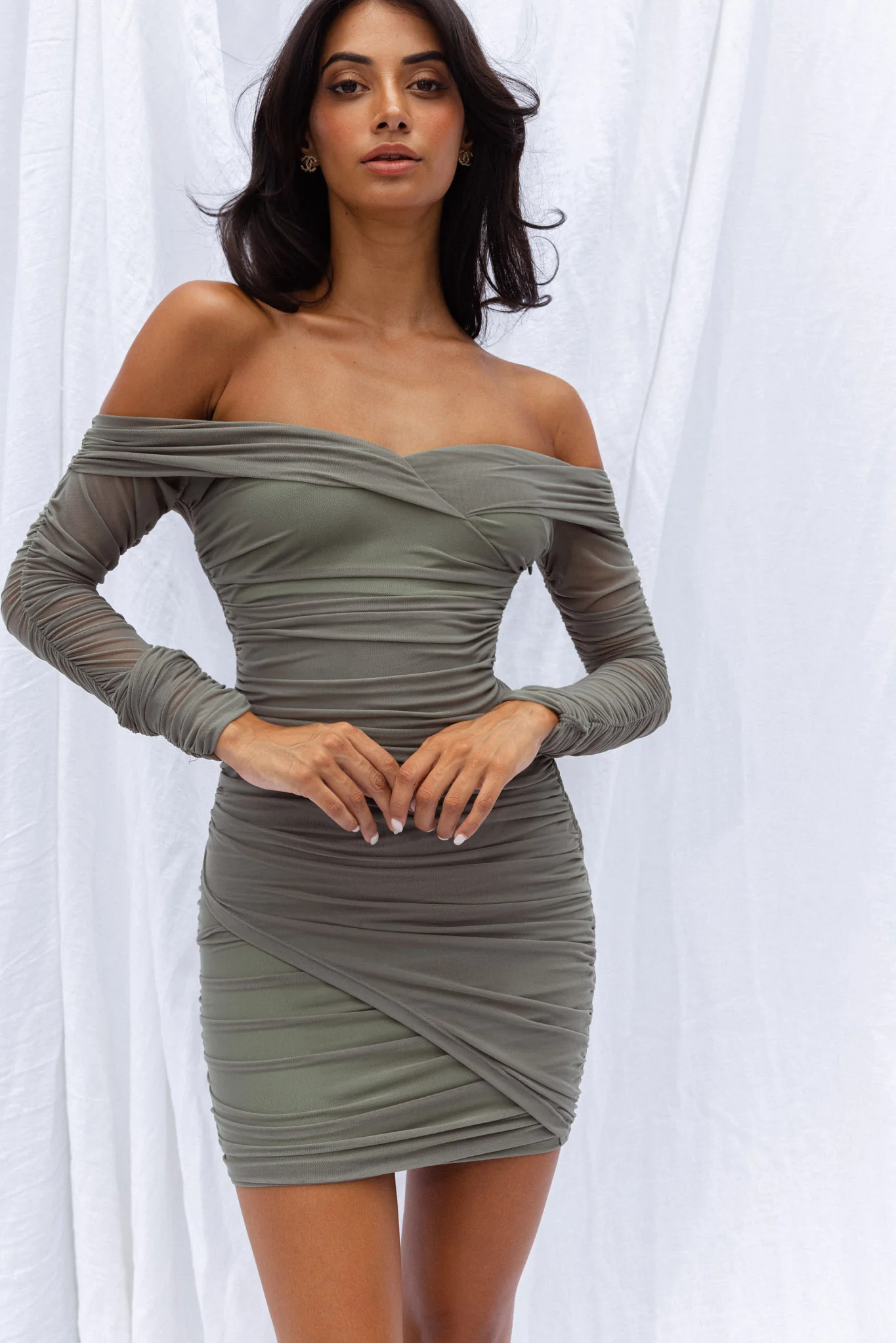 Moonrise Off-Shoulder Crossover Neckline Long Sleeve Ruched Dress Olive - Image 12