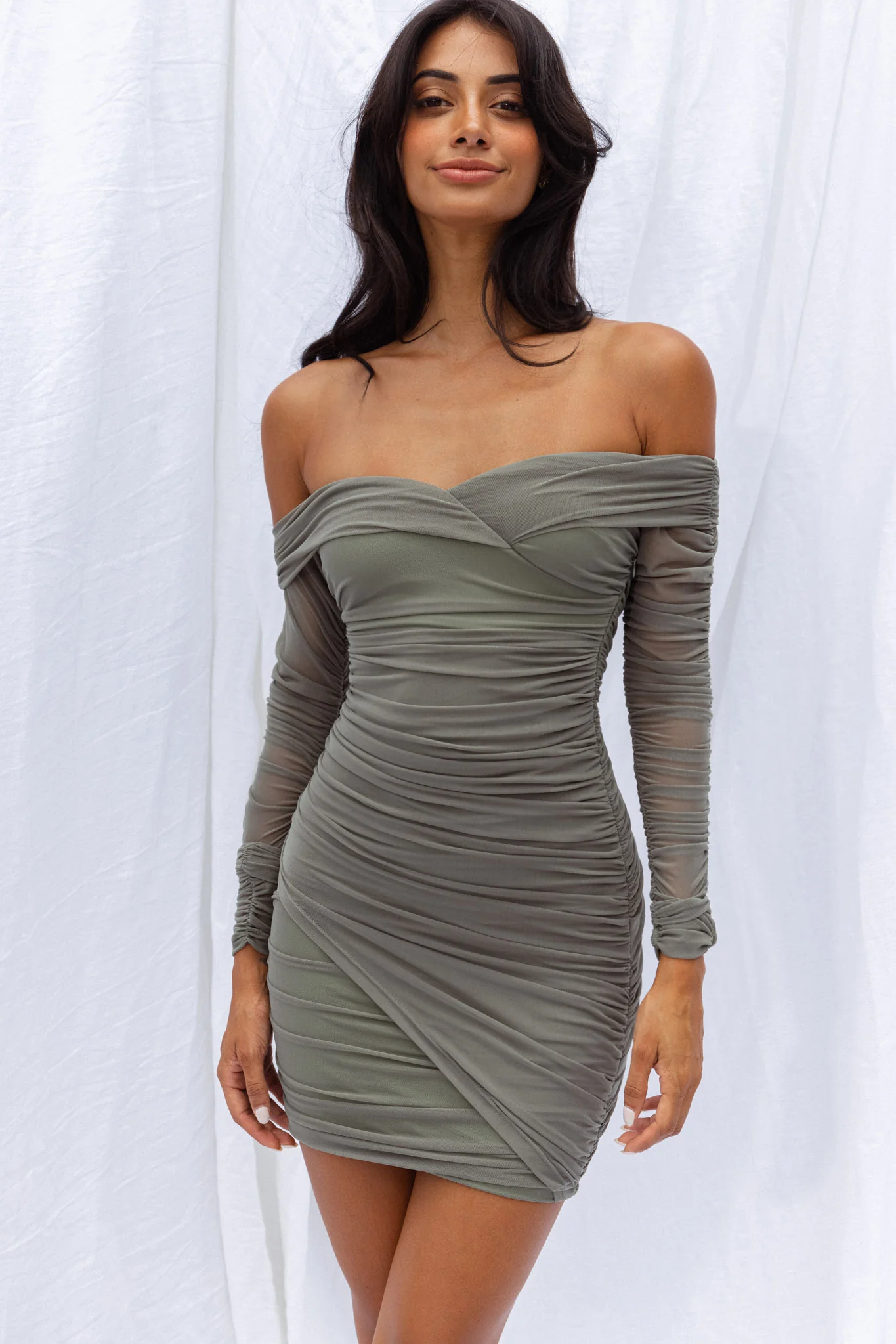 Moonrise Off-Shoulder Crossover Neckline Long Sleeve Ruched Dress Olive - Image 14