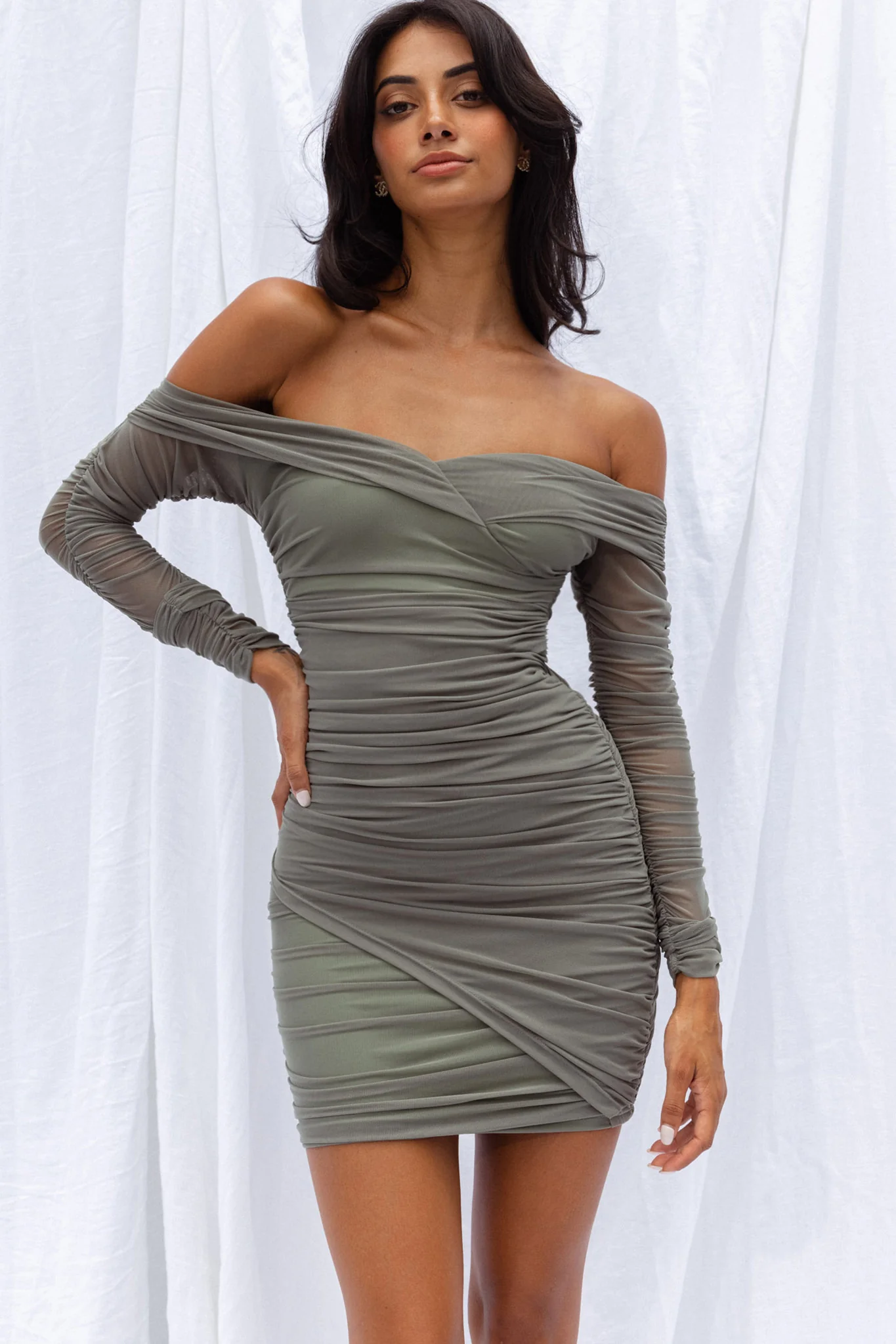 Moonrise Off-Shoulder Crossover Neckline Long Sleeve Ruched Dress Olive - Image 8