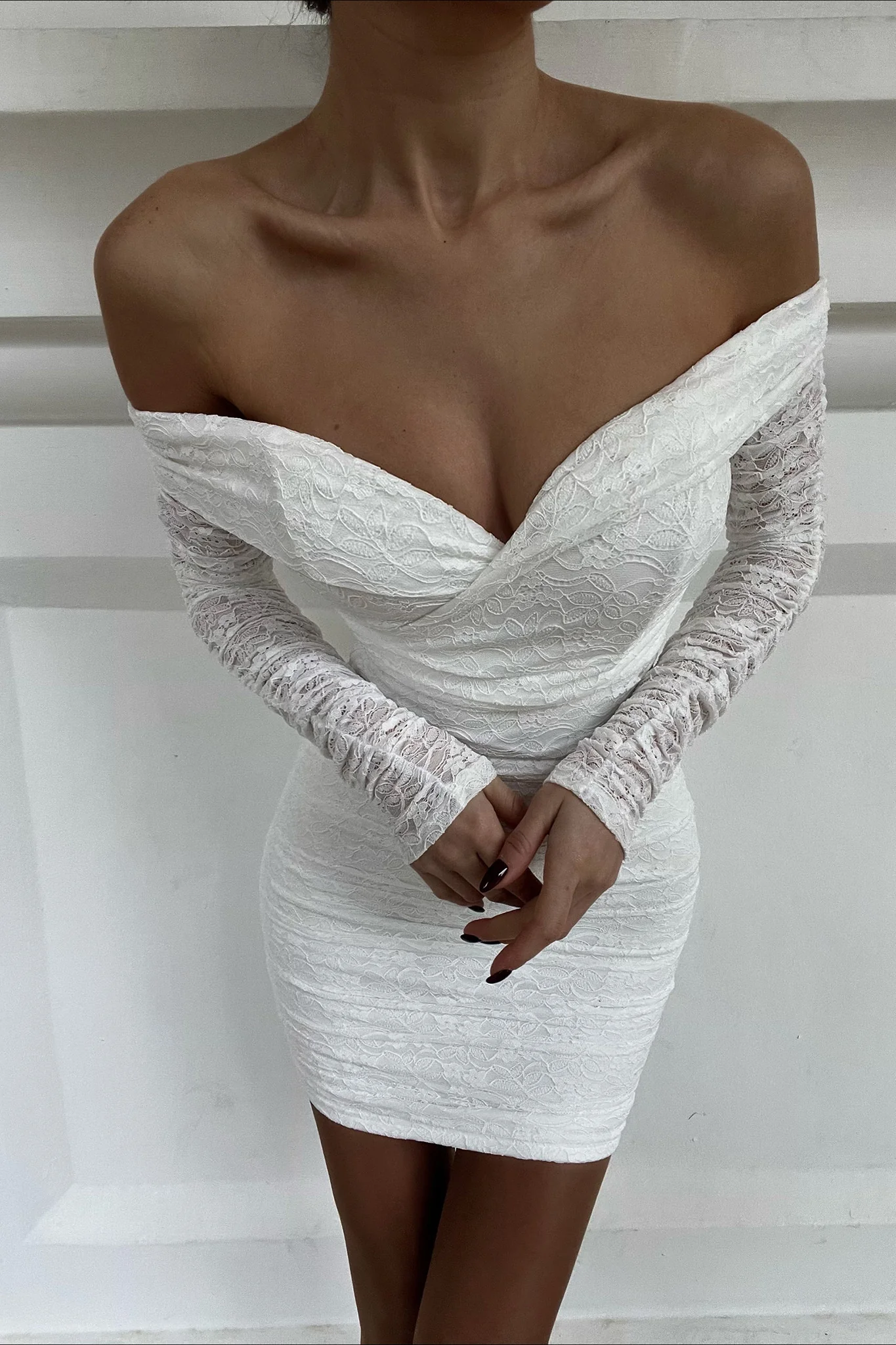 Moonrise Off-Shoulder Long Sleeve Dress Lace White - Image 10