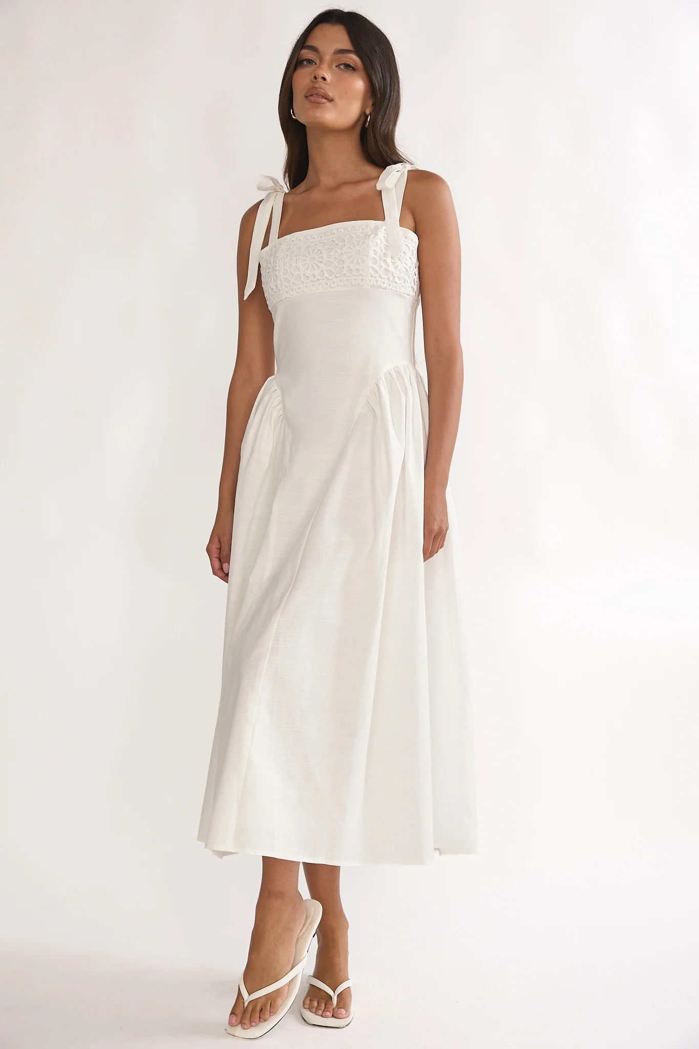 Morgana Tied Shoulder Applique Midi Dress Off White - Image 2